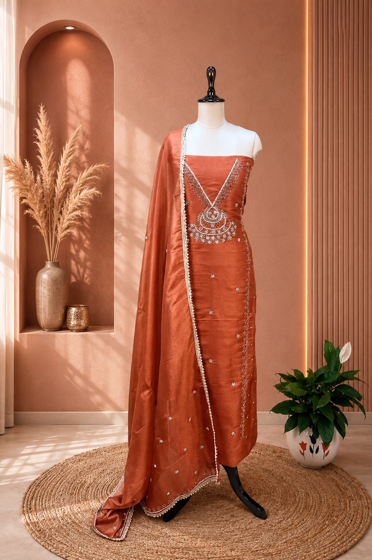 Rust Color Organza with Pearl, Cutdana, Handwork Unstitched Suit