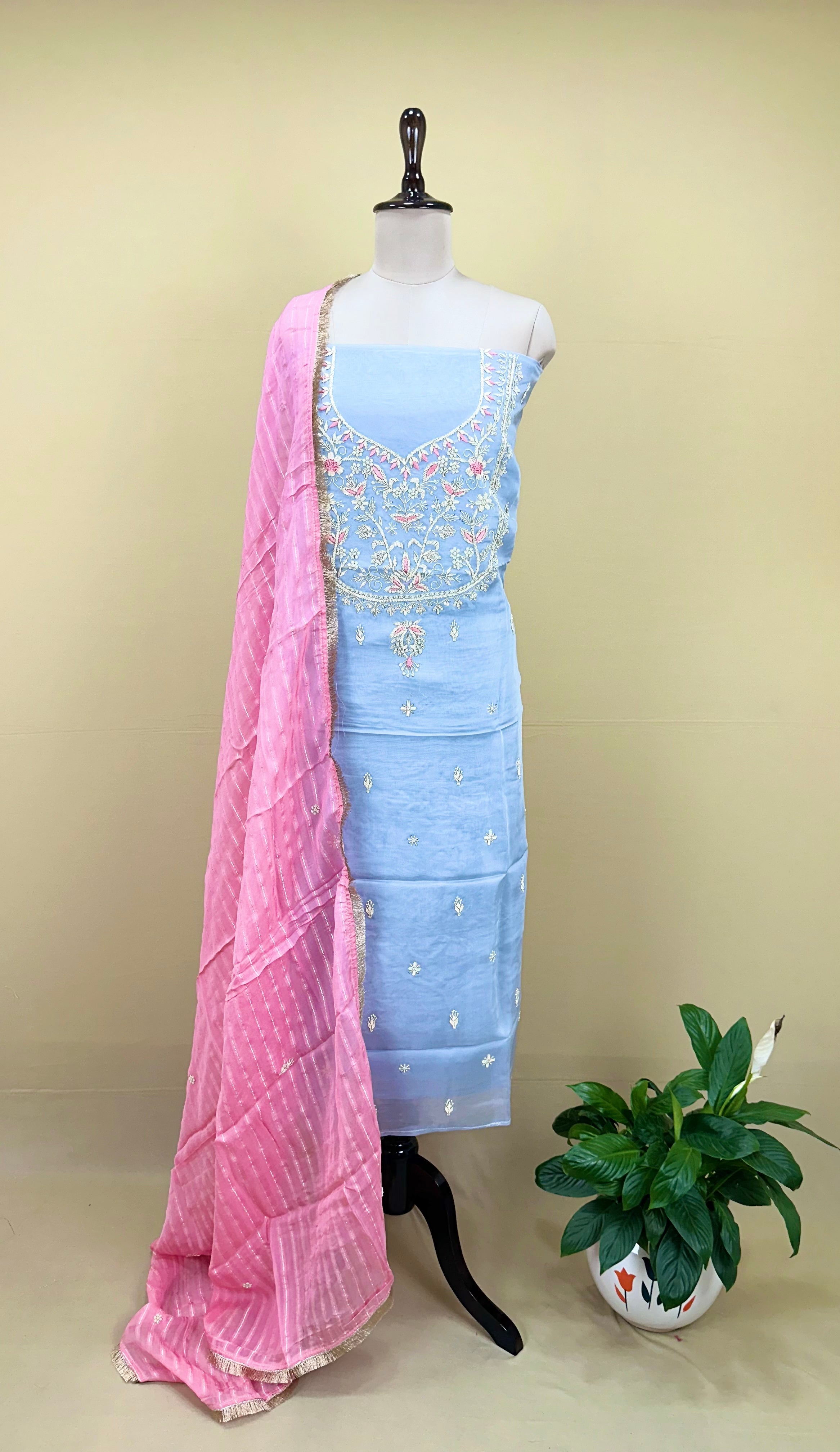 Grey Pure Organza Zardozi Hand Embroidery Featuring Delicate Threadwork, Beads, and Sequins. Unstitched Suit