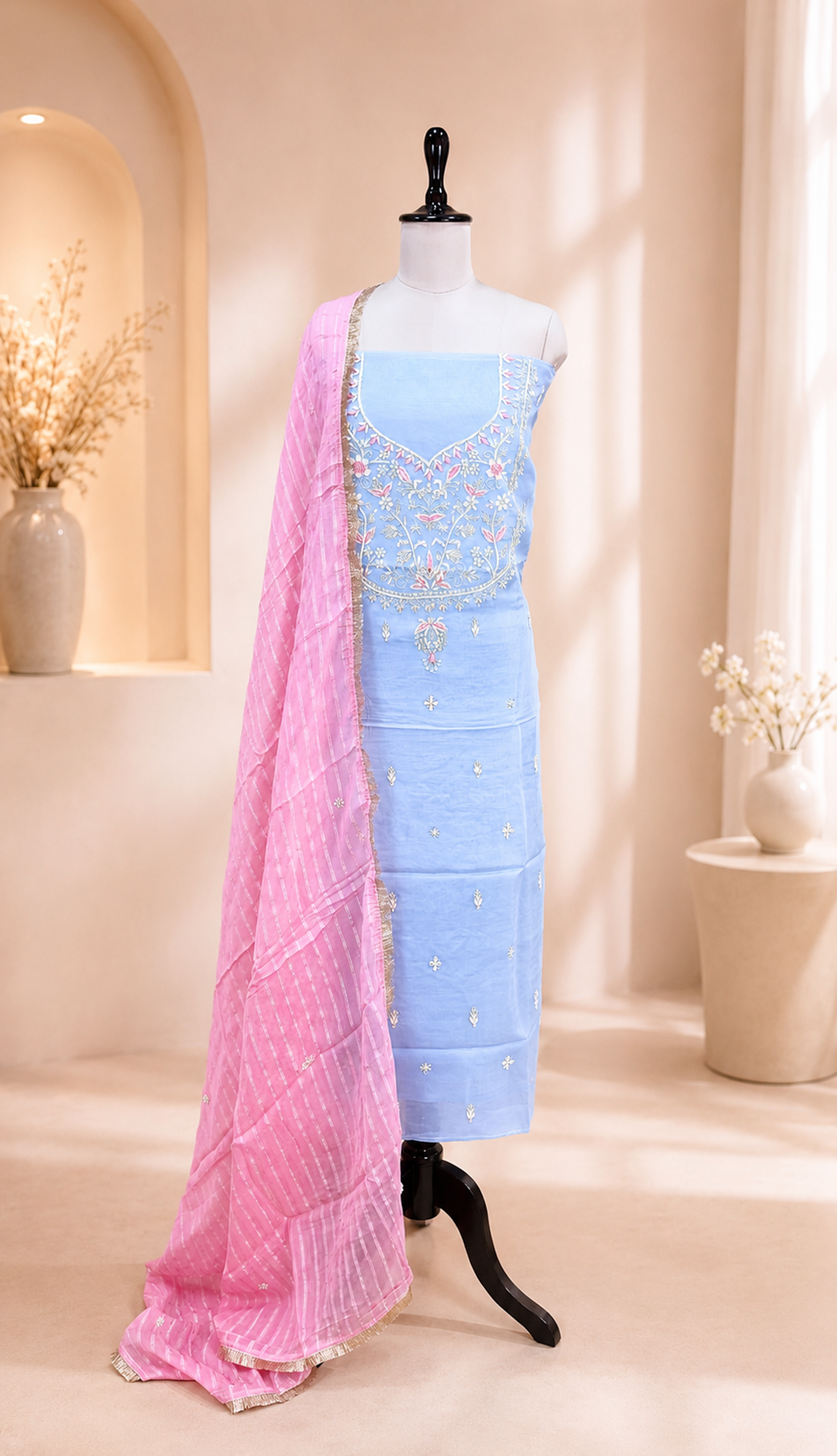 Grey Pure Organza Zardozi Hand Embroidery Featuring Delicate Threadwork, Beads, and Sequins. Unstitched Suit