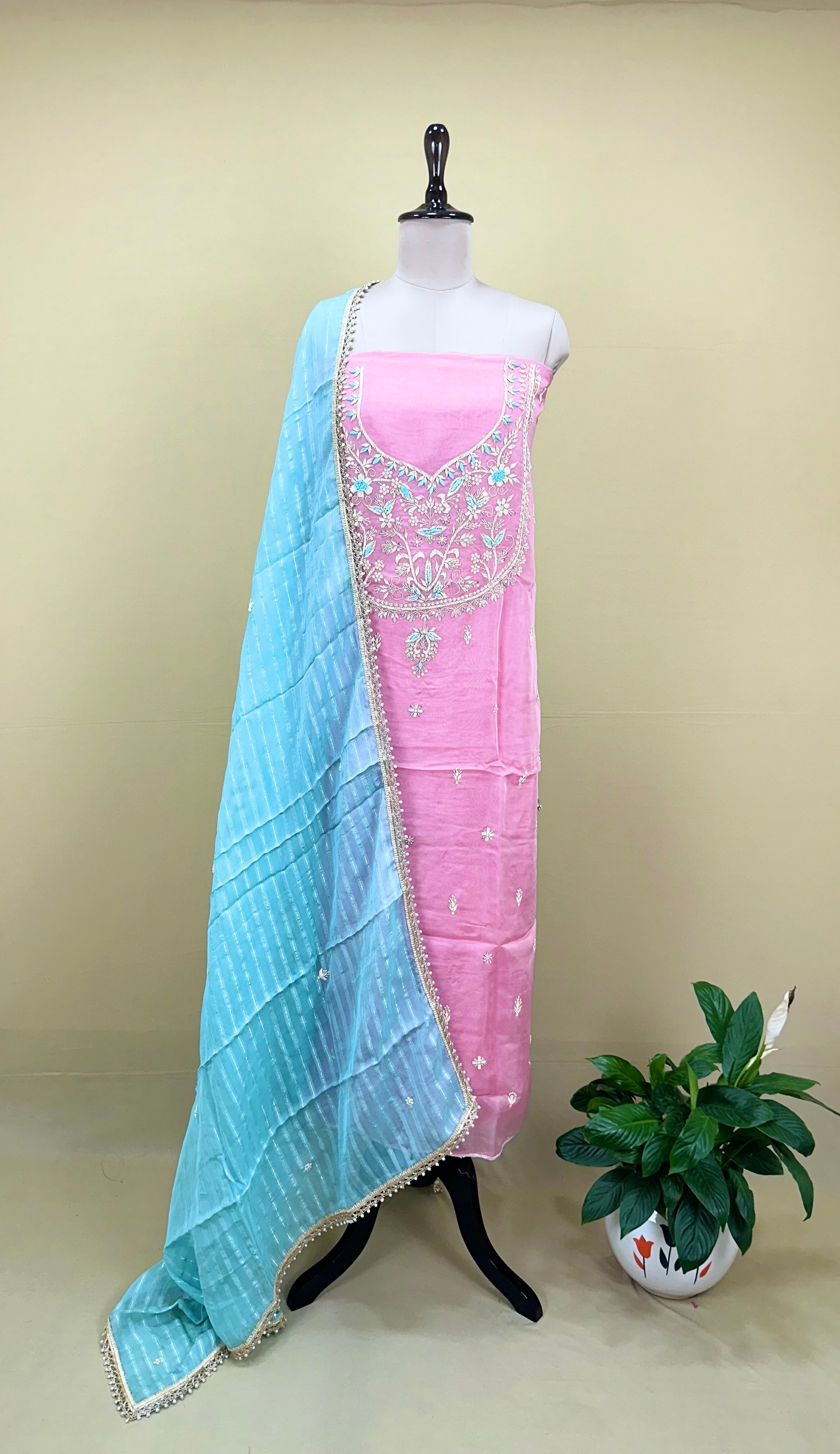 Pink Pure Organza Zardozi Hand Embroidery Featuring Delicate Threadwork, Beads, and Sequins. Unstitched Suit