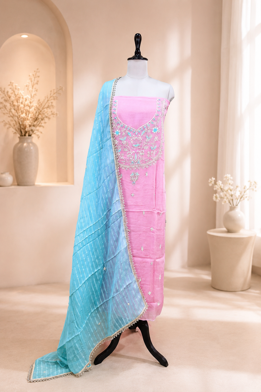 Pink Pure Organza Zardozi Hand Embroidery Featuring Delicate Threadwork, Beads, and Sequins. Unstitched Suit