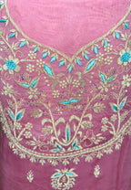 Pink Pure Organza Zardozi Hand Embroidery Featuring Delicate Threadwork, Beads, and Sequins. Unstitched Suit