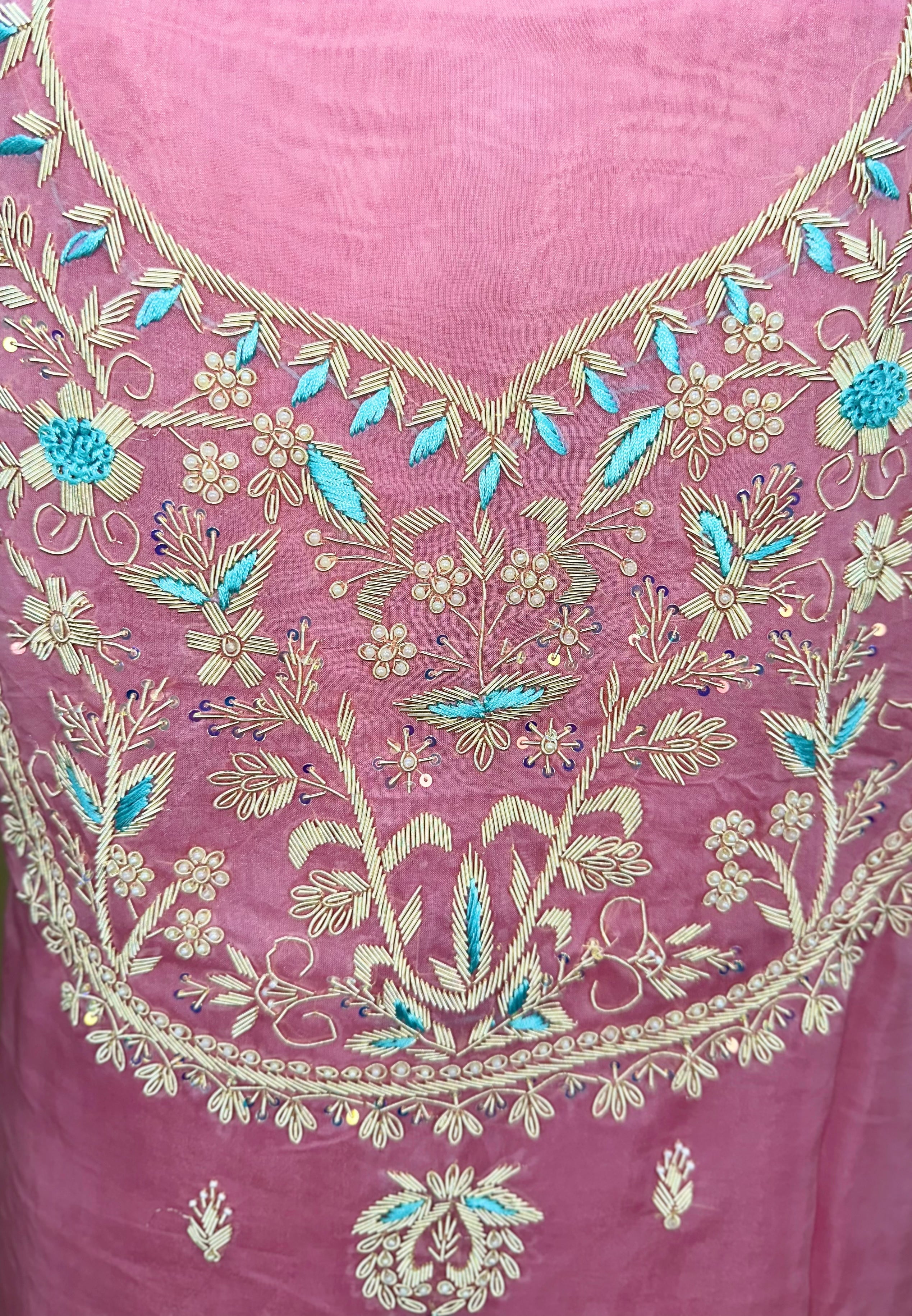 Pink Pure Organza Zardozi Hand Embroidery Featuring Delicate Threadwork, Beads, and Sequins. Unstitched Suit