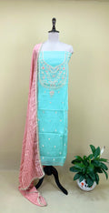 Green Pure Organza Zardozi Hand Embroidery Featuring Delicate Threadwork, Beads, and Sequins. Unstitched Suit