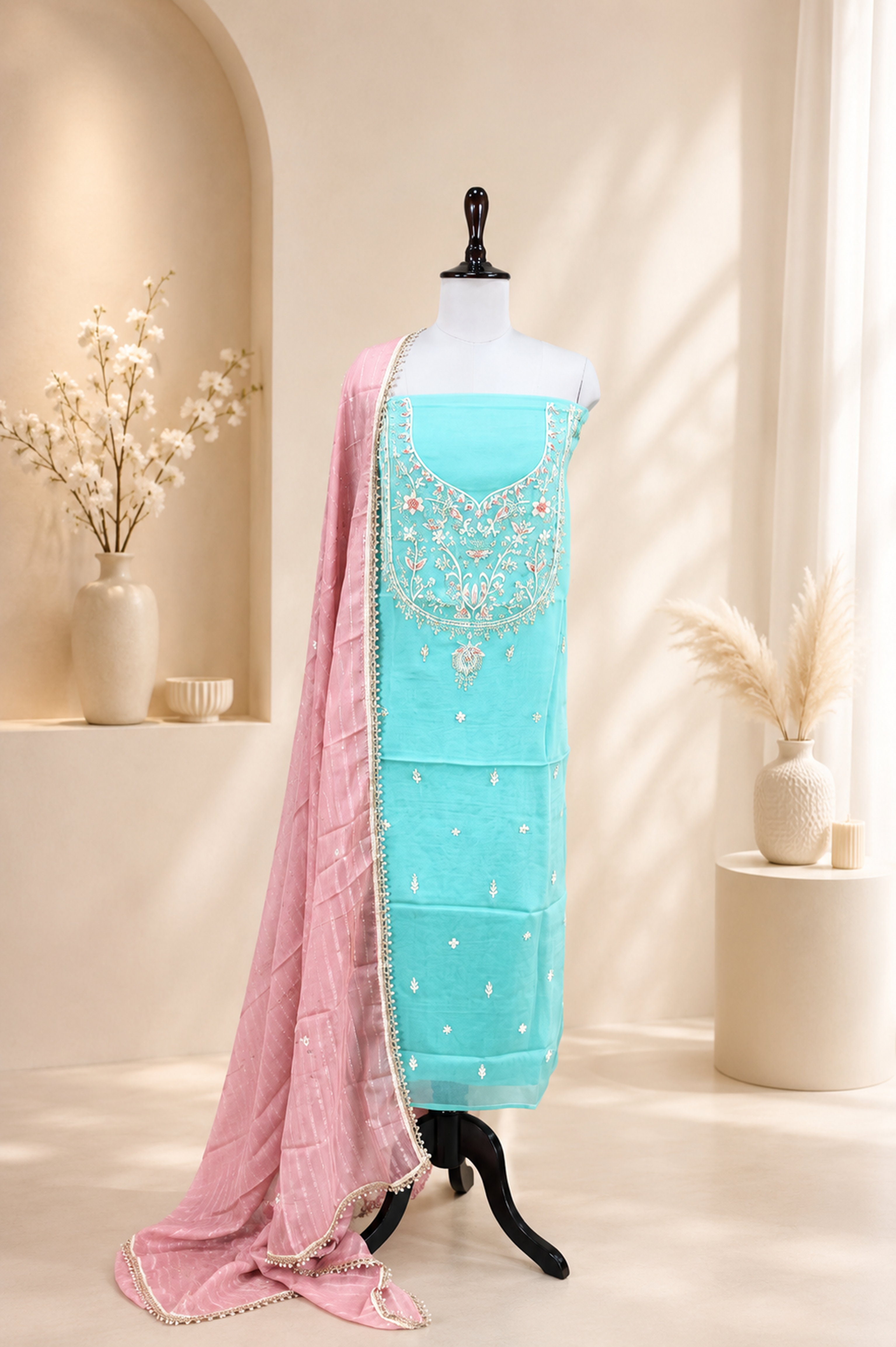Green Pure Organza Zardozi Hand Embroidery Featuring Delicate Threadwork, Beads, and Sequins. Unstitched Suit