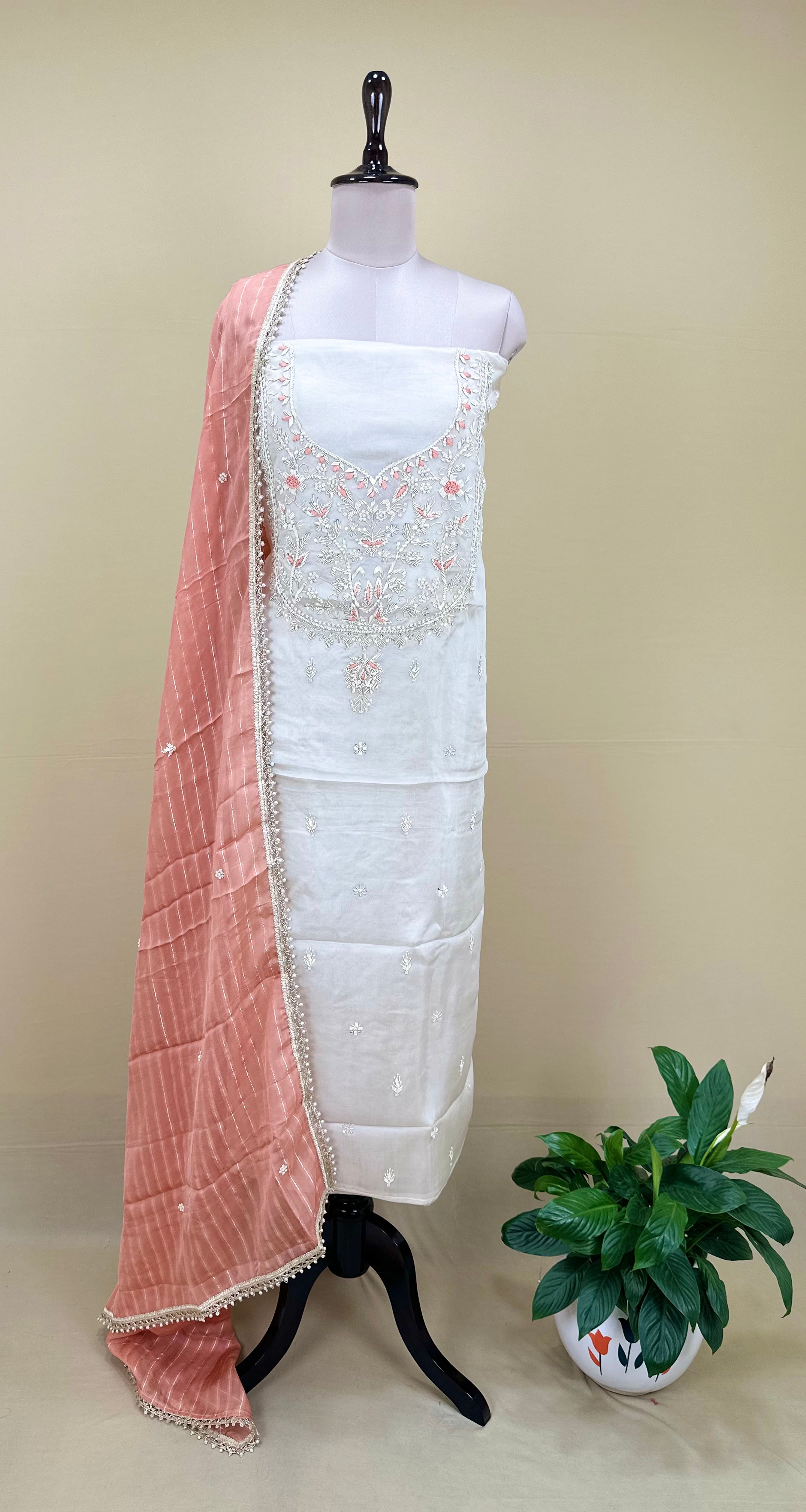 Cream Pure Organza Zardozi Hand Embroidery Featuring Delicate Threadwork, Beads, and Sequins. Unstitched Suit