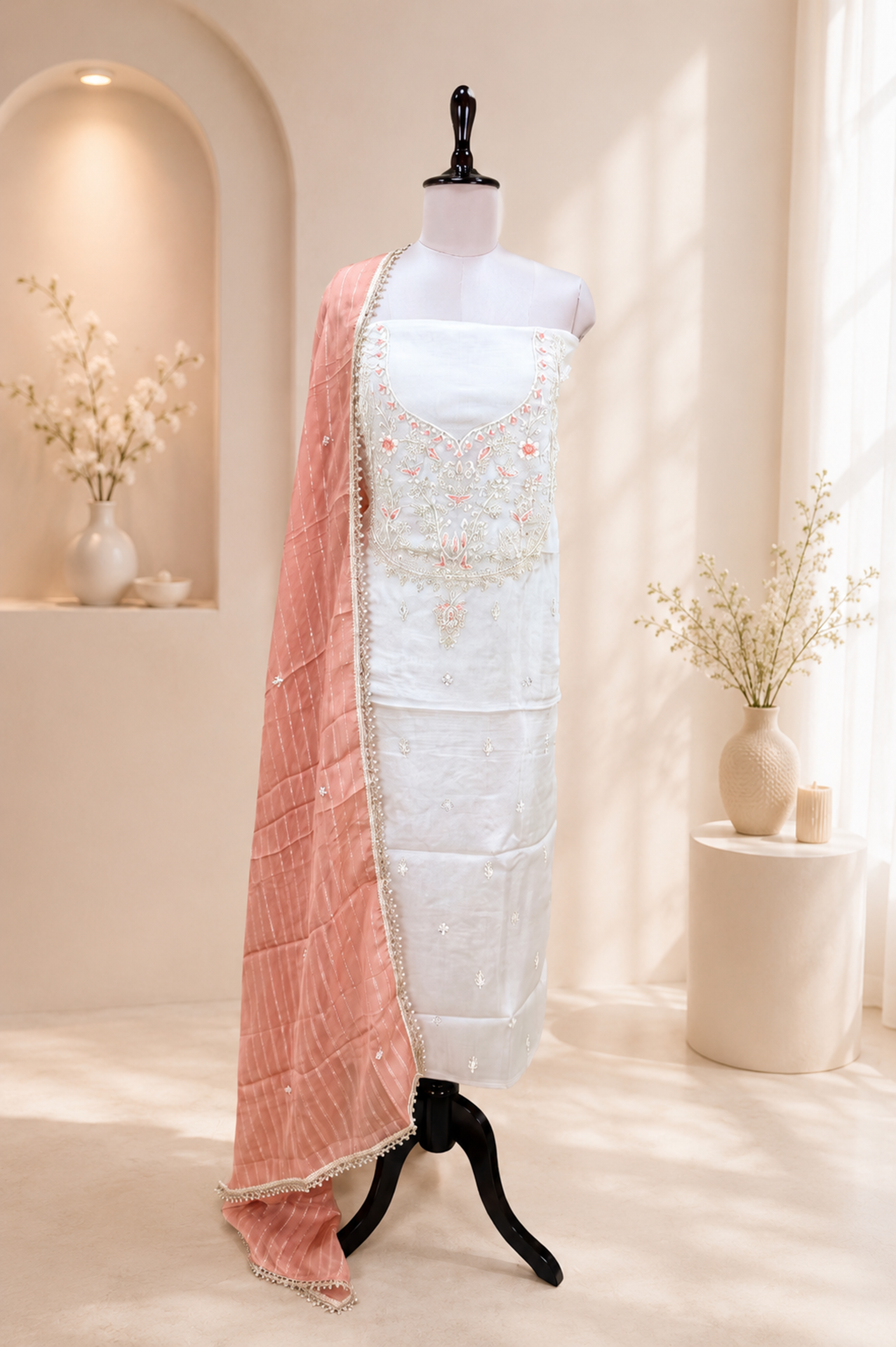 Cream Pure Organza Zardozi Hand Embroidery Featuring Delicate Threadwork, Beads, and Sequins. Unstitched Suit