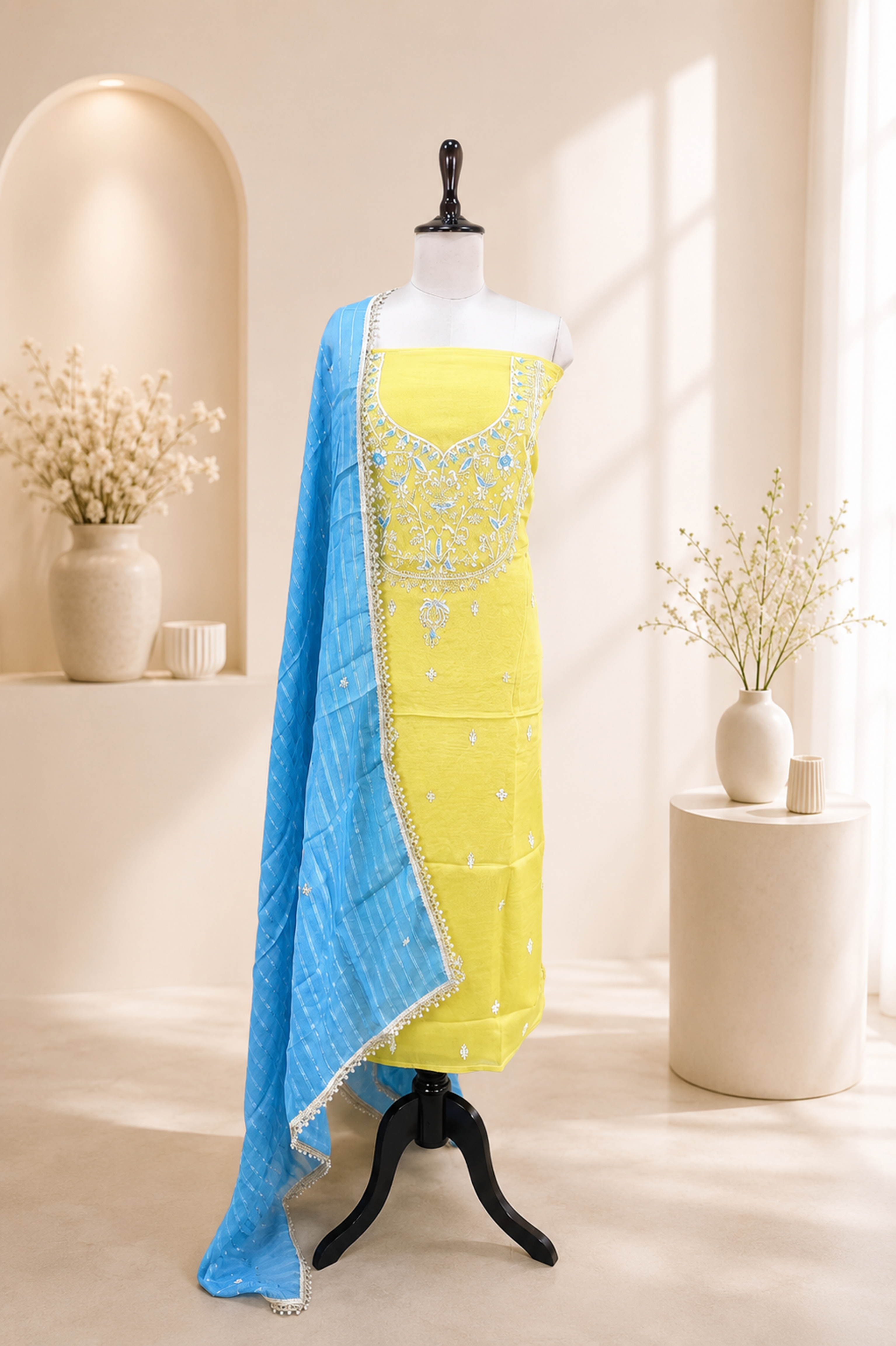 Yellow Pure Organza Zardozi hand embroidery featuring delicate threadwork, beads, and Sequins. unstitched suit