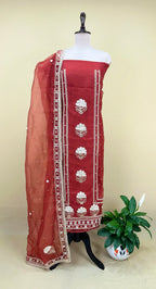 Maroon Crushed Organza with Pearl, Cutdana Zari Thread Handwork Unstitched Suit