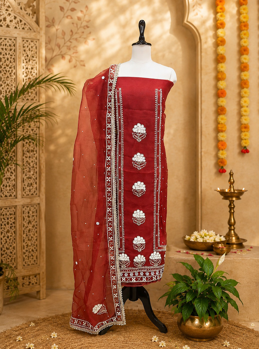 Maroon Crushed Organza with Pearl, Cutdana Zari Thread Handwork Unstitched Suit