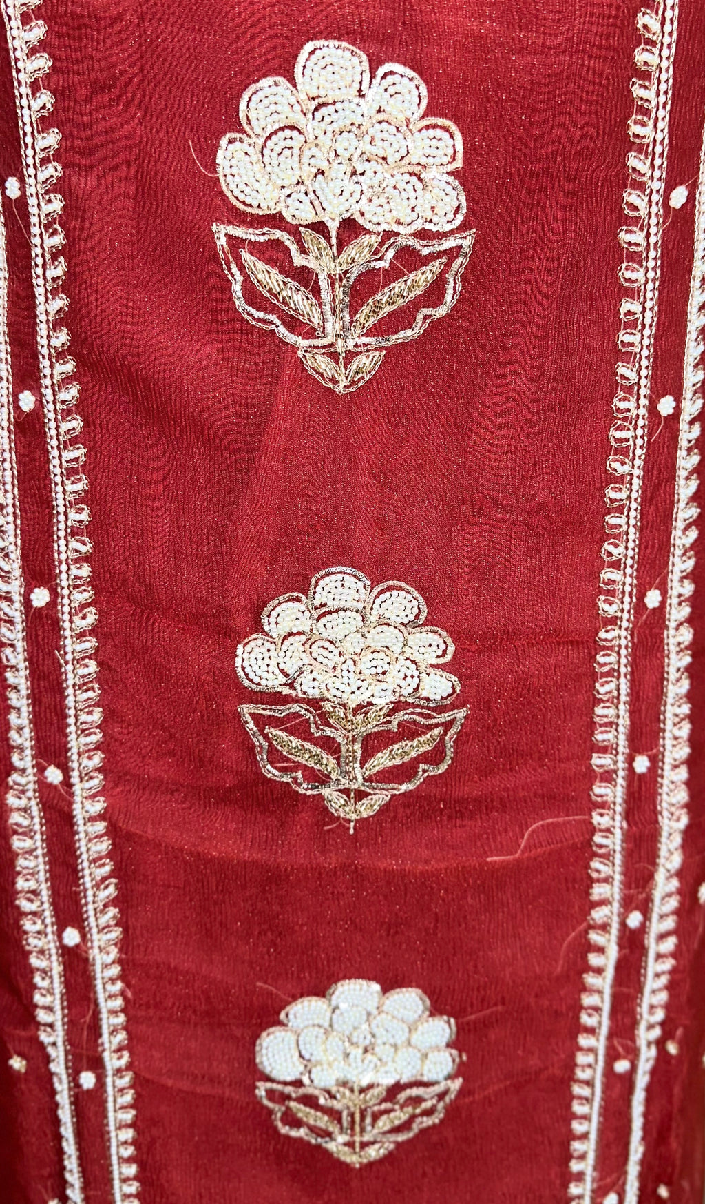 Maroon Crushed Organza with Pearl, Cutdana Zari Thread Handwork Unstitched Suit