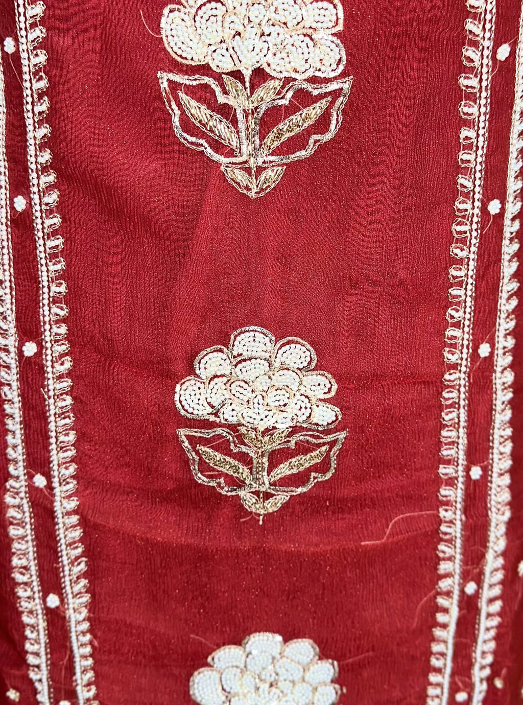 Maroon Crushed Organza with Pearl, Cutdana Zari Thread Handwork Unstitched Suit