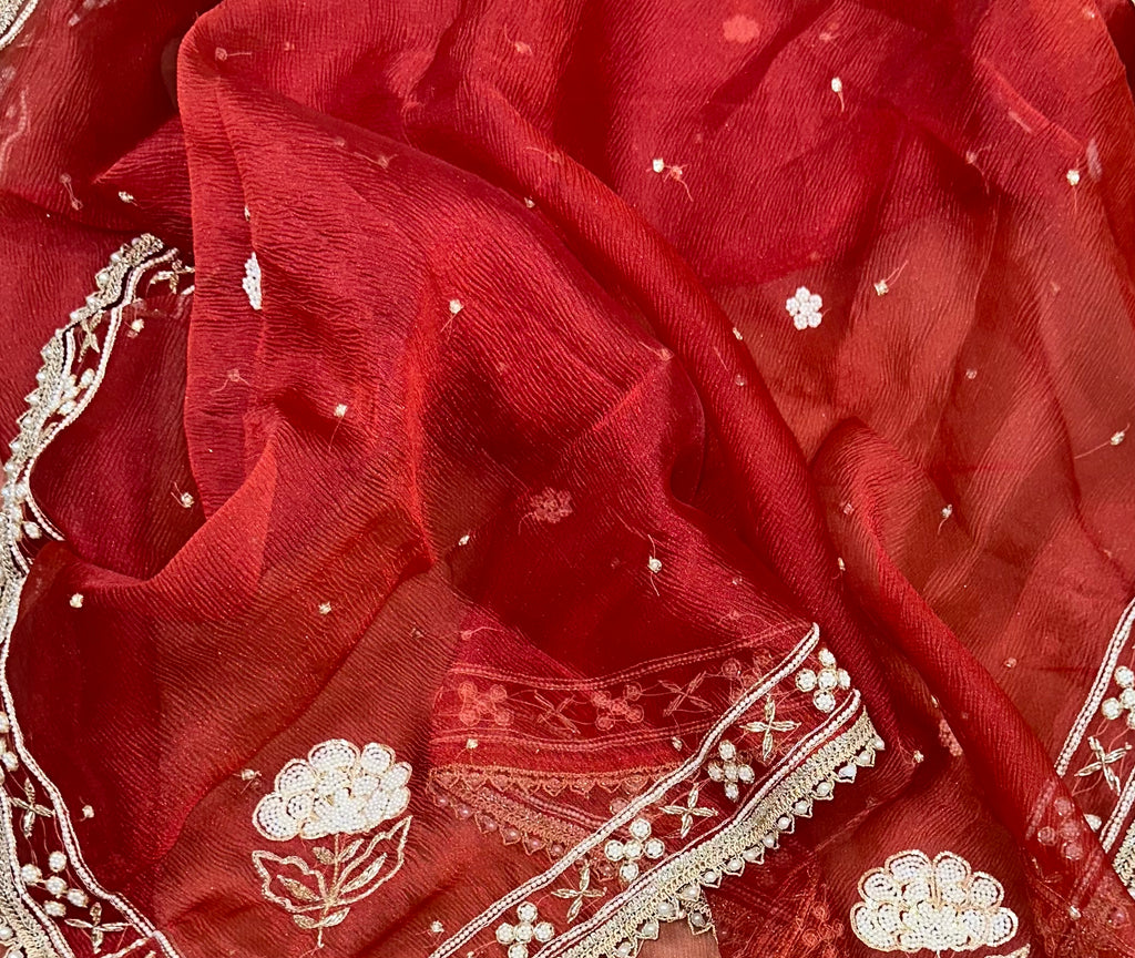 Maroon Crushed Organza with Pearl, Cutdana Zari Thread Handwork Unstitched Suit