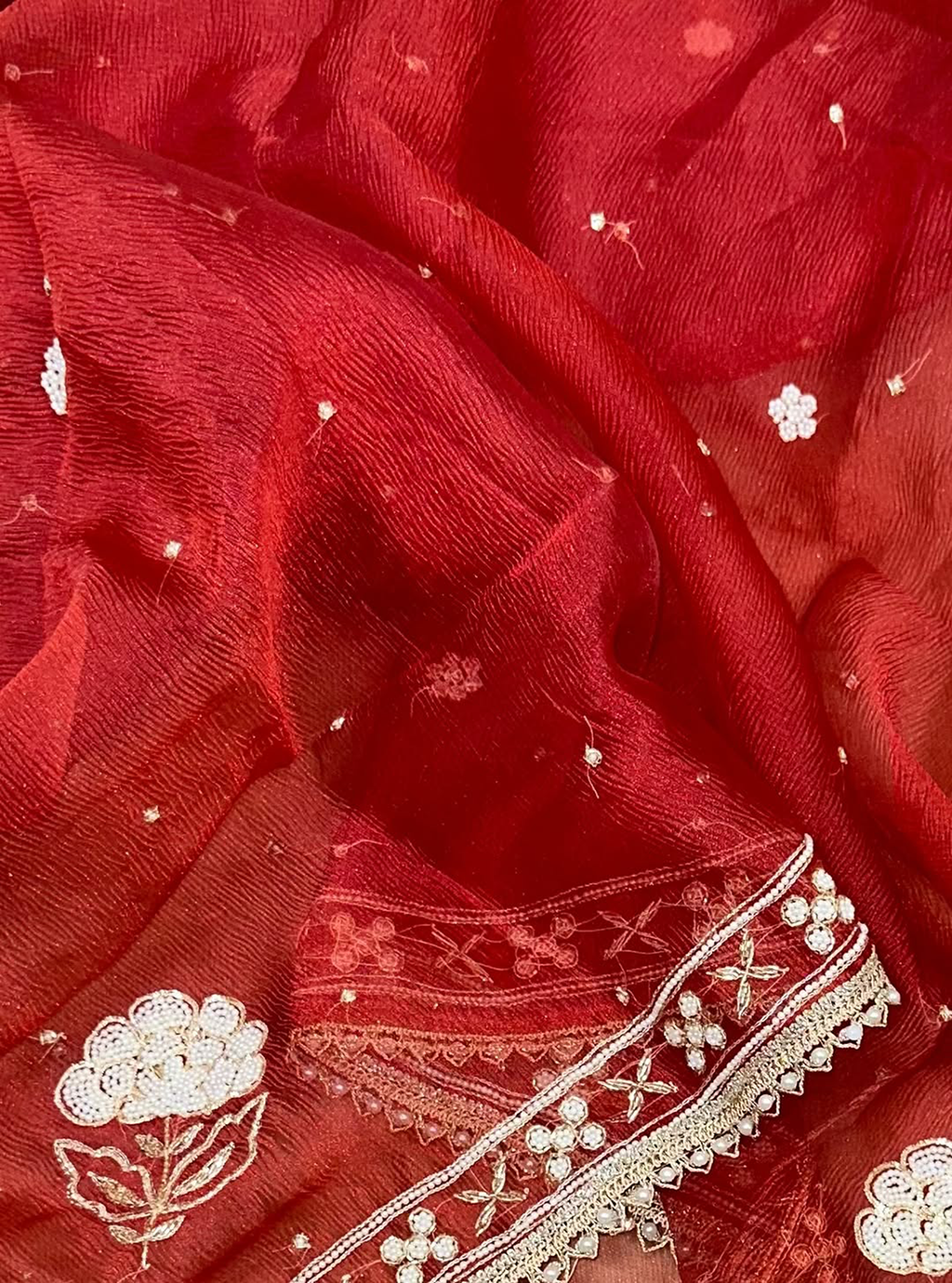 Maroon Crushed Organza with Pearl, Cutdana Zari Thread Handwork Unstitched Suit