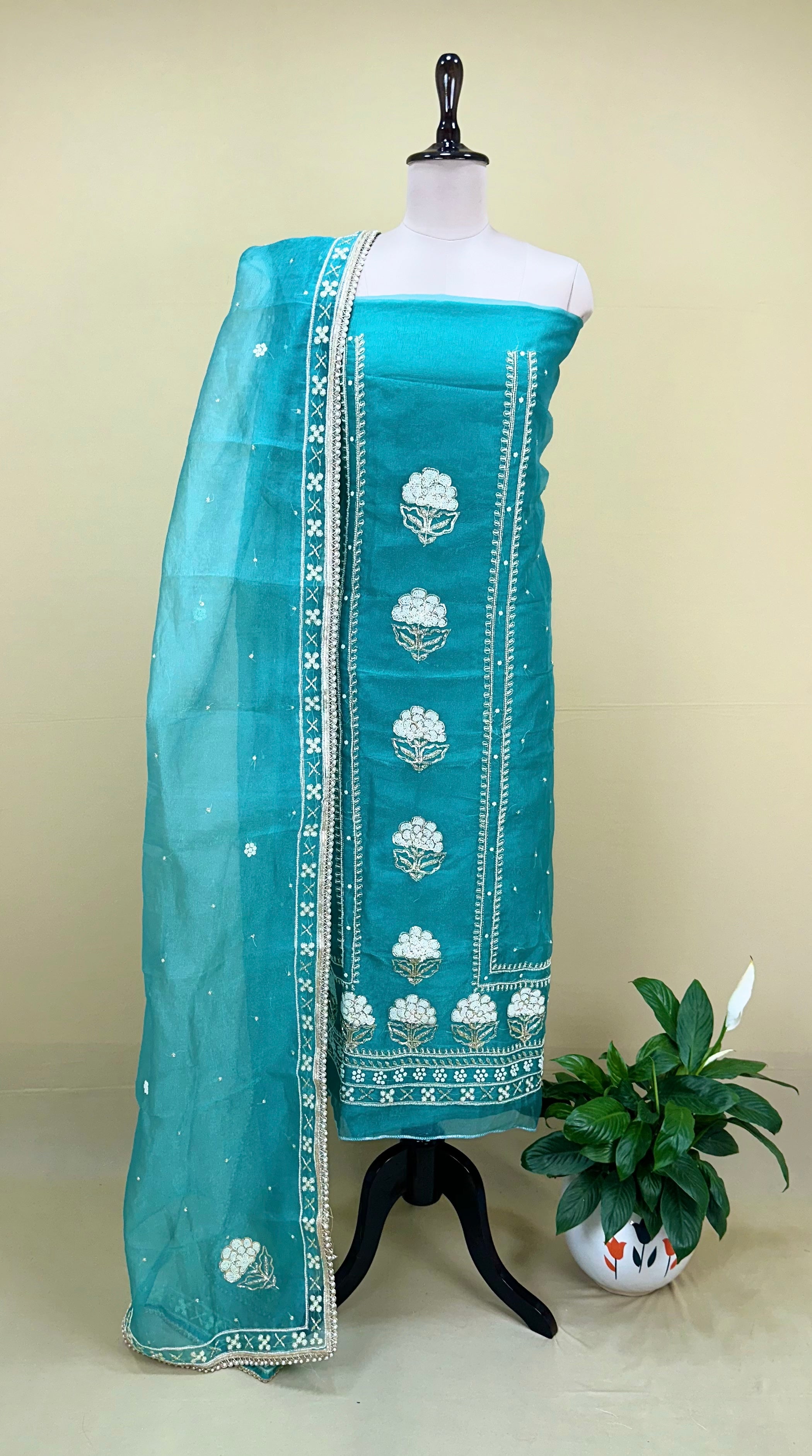Rama Green Crushed Organza with Pearl, Cutdana Zari Thread Handwork Unstitched Suit