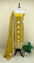 Mustard Crushed Organza with Pearl, Cutdana Zari Thread Handwork Unstitched Suit