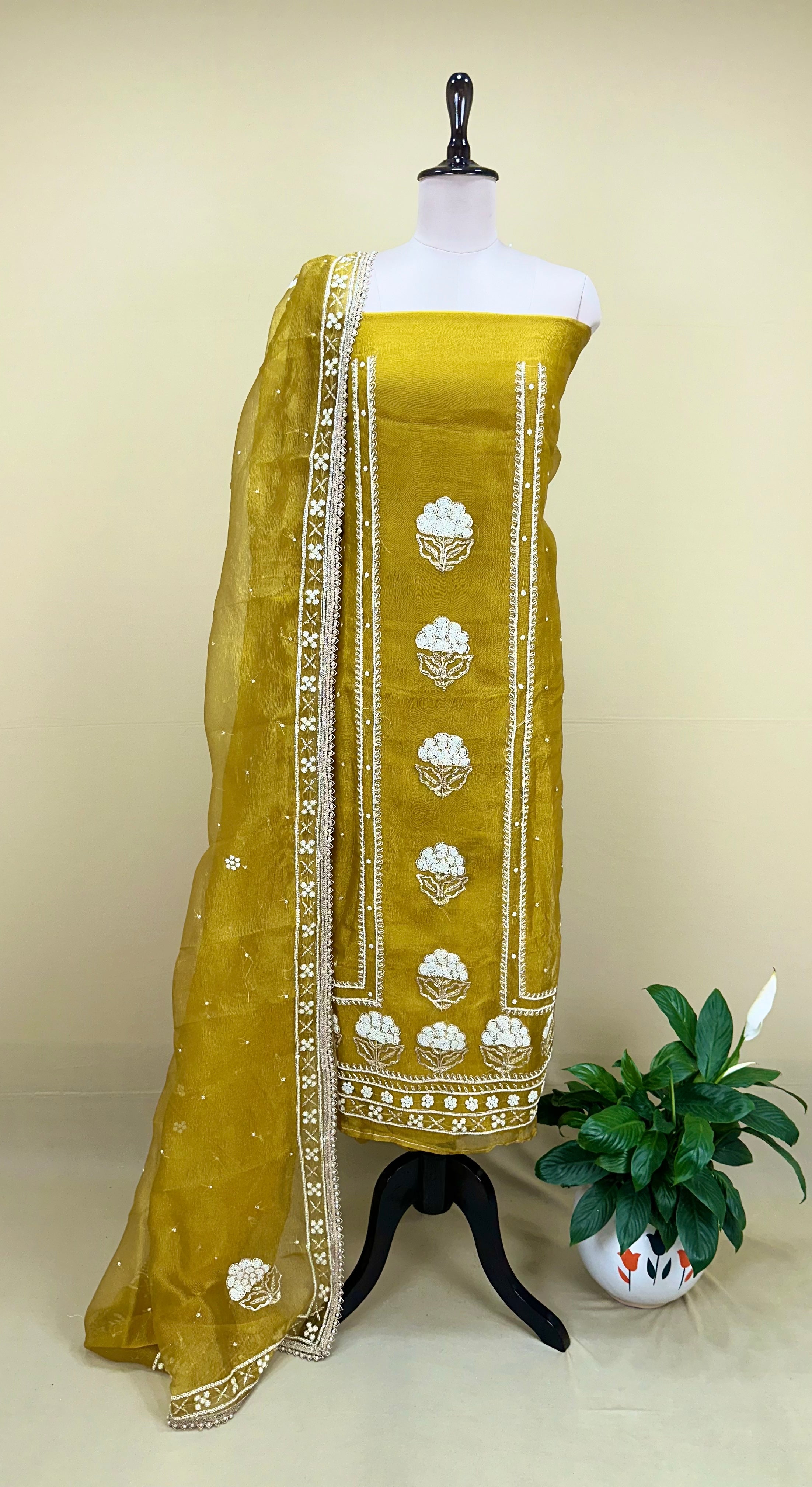 Mustard Crushed Organza with Pearl, Cutdana Zari Thread Handwork Unstitched Suit