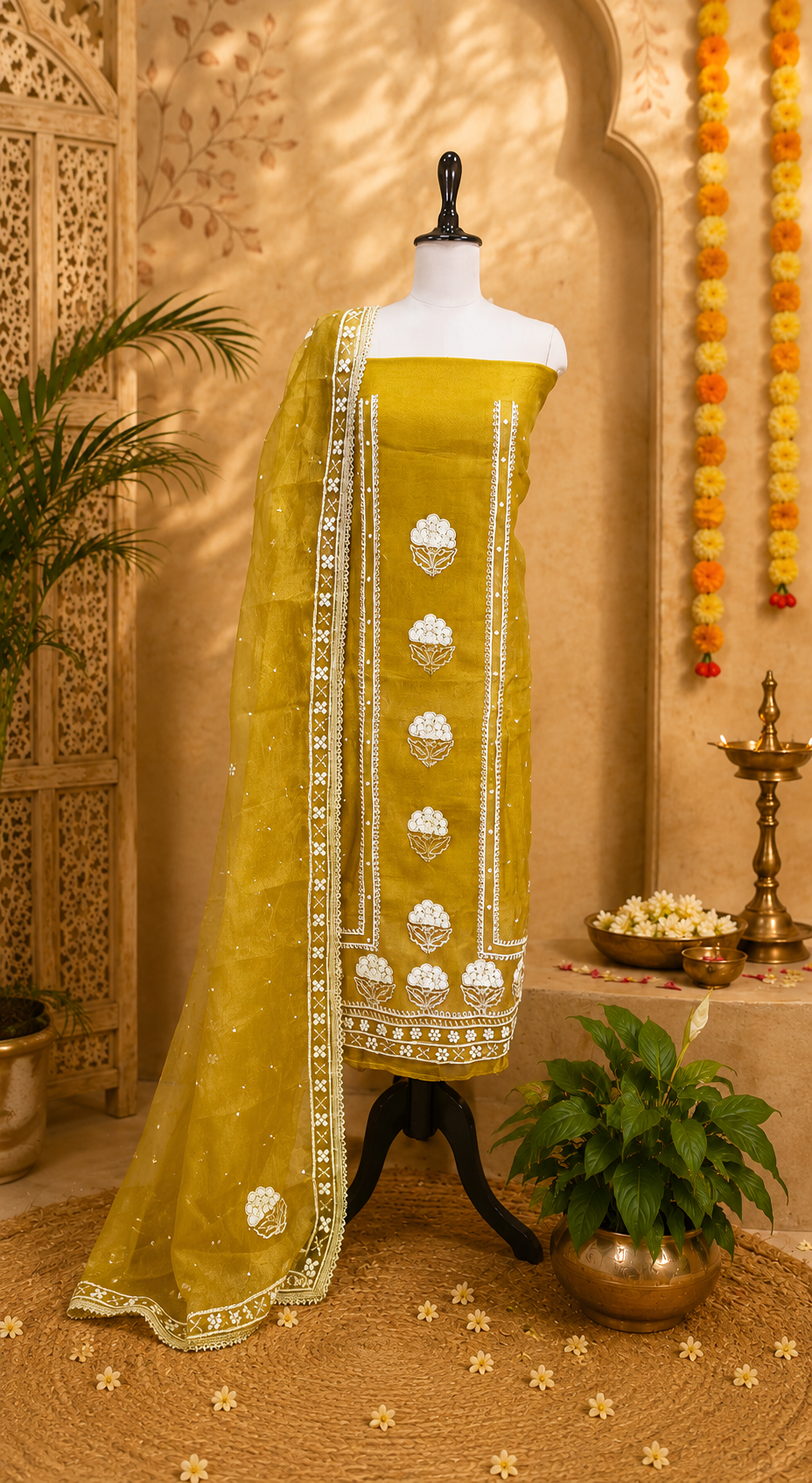 Mustard Crushed Organza with Pearl, Cutdana Zari Thread Handwork Unstitched Suit