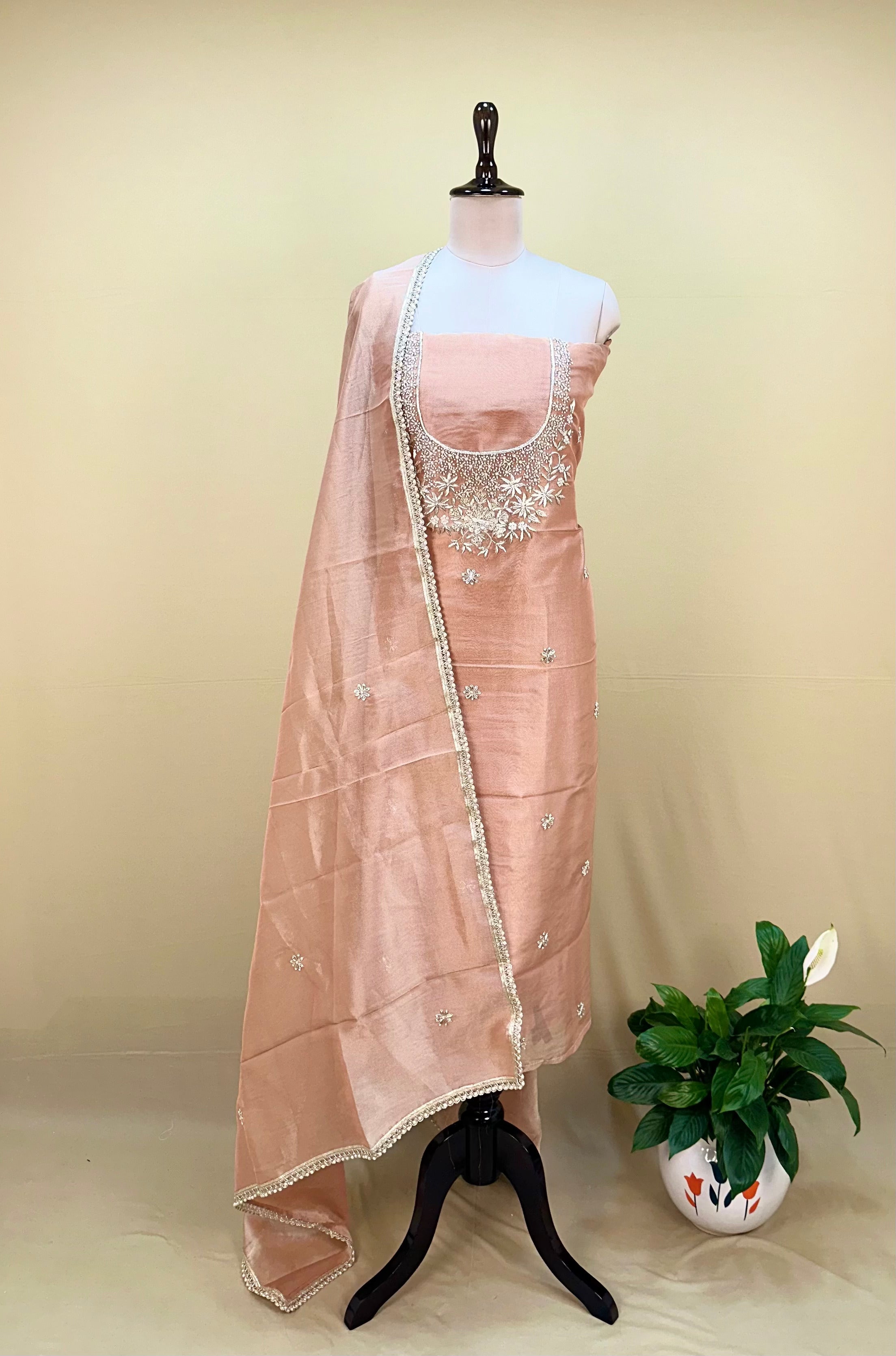 Golden Tissue with zardozi, bead, and sequin hand embroidery work unstitched suit - Kalamusk GPA150