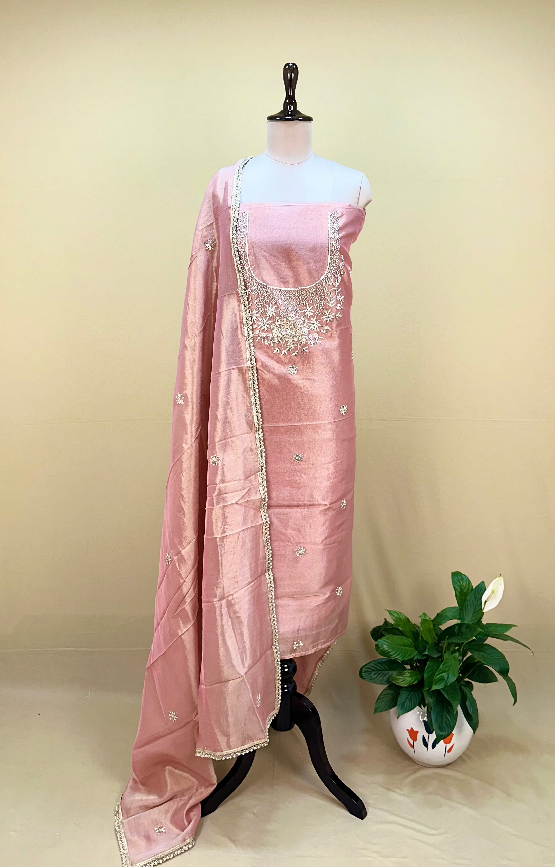Pink Tissue with zardozi, bead, and sequin hand embroidery work unstitched suit
