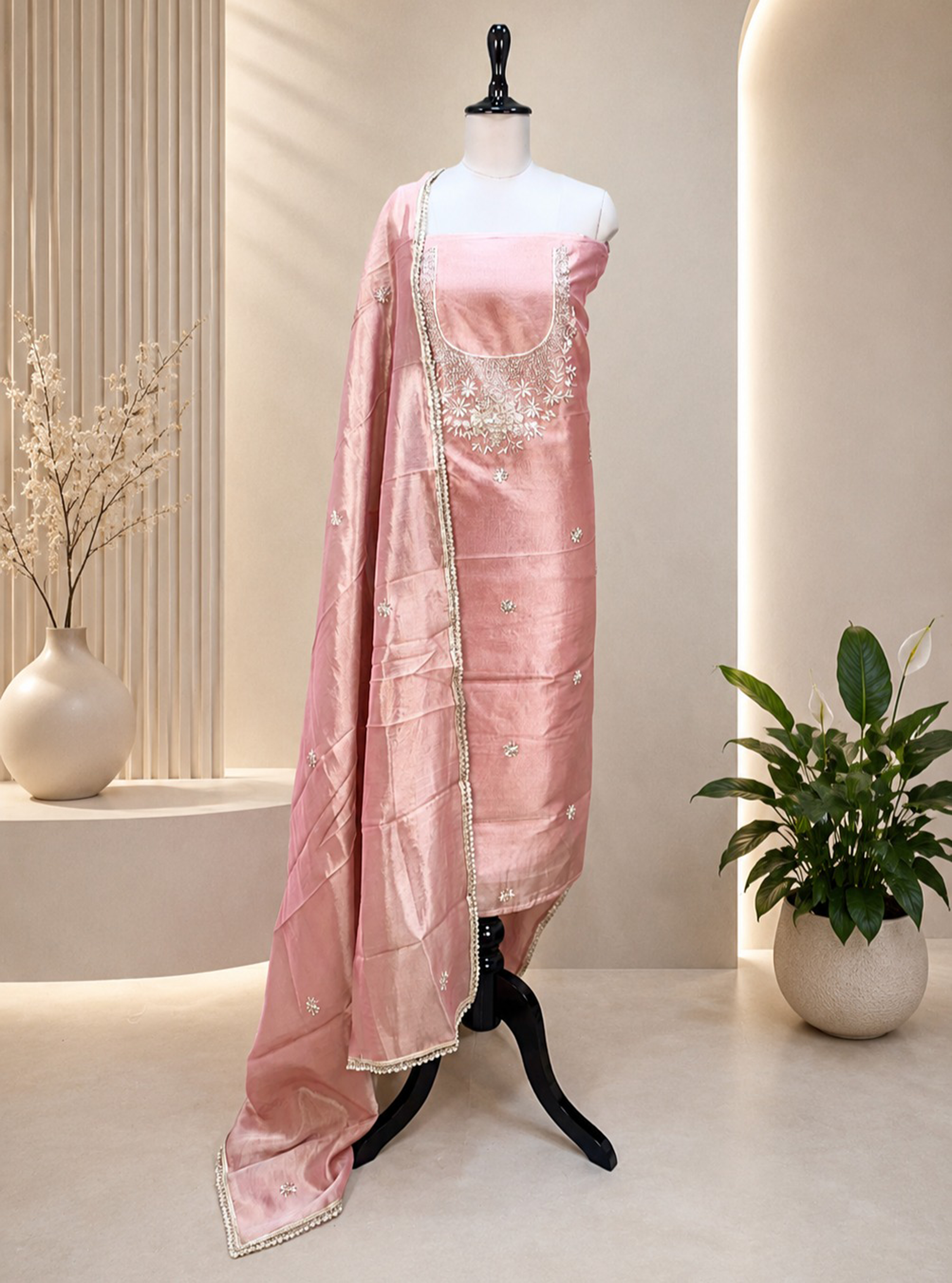 Pink Tissue with zardozi, bead, and sequin hand embroidery work unstitched suit