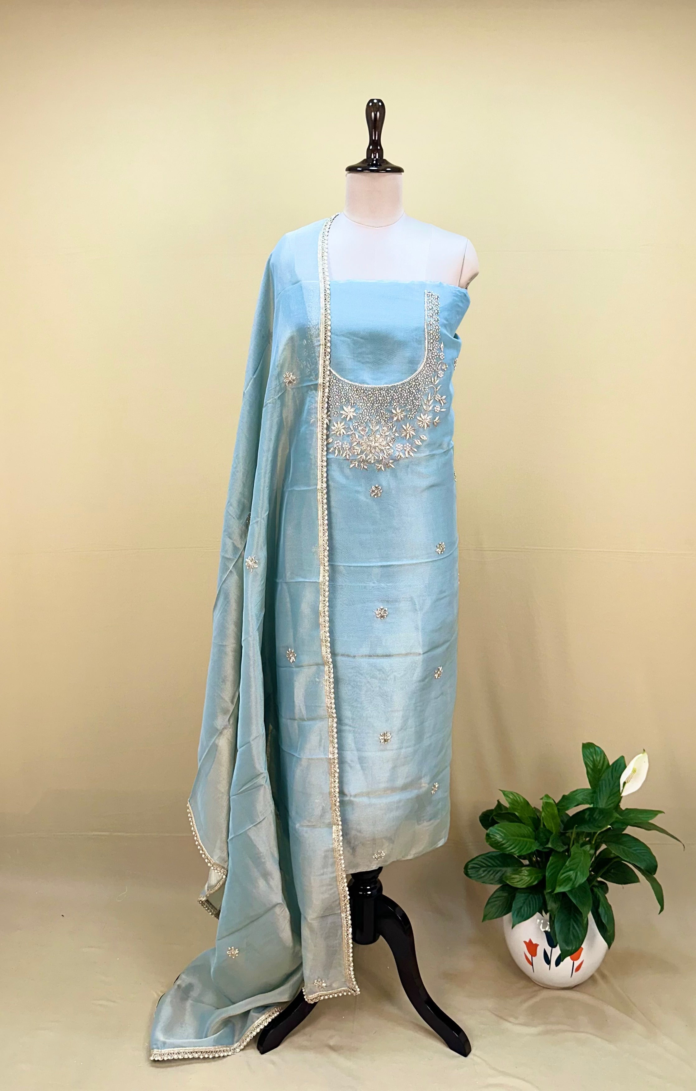 Ice blue Tissue with zardozi, bead, and sequin hand embroidery work unstitched suit - Kalamusk GPA152