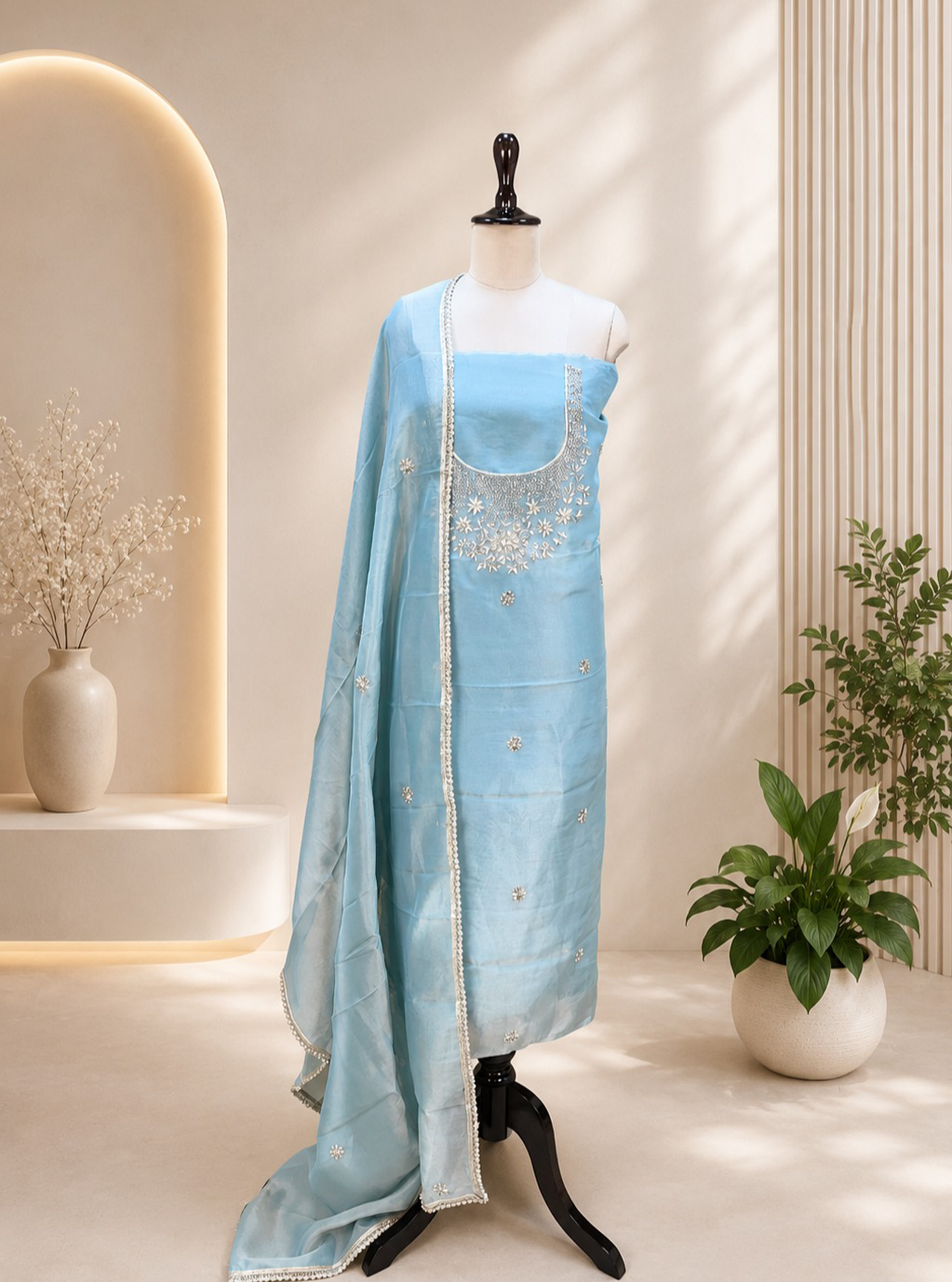 Ice blue Tissue with zardozi, bead, and sequin hand embroidery work unstitched suit