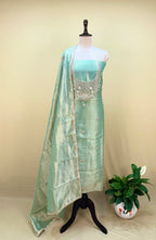 Green Tissue with zardozi, bead, and sequin hand embroidery work unstitched suit