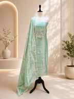 Green Tissue with zardozi, bead, and sequin hand embroidery work unstitched suit