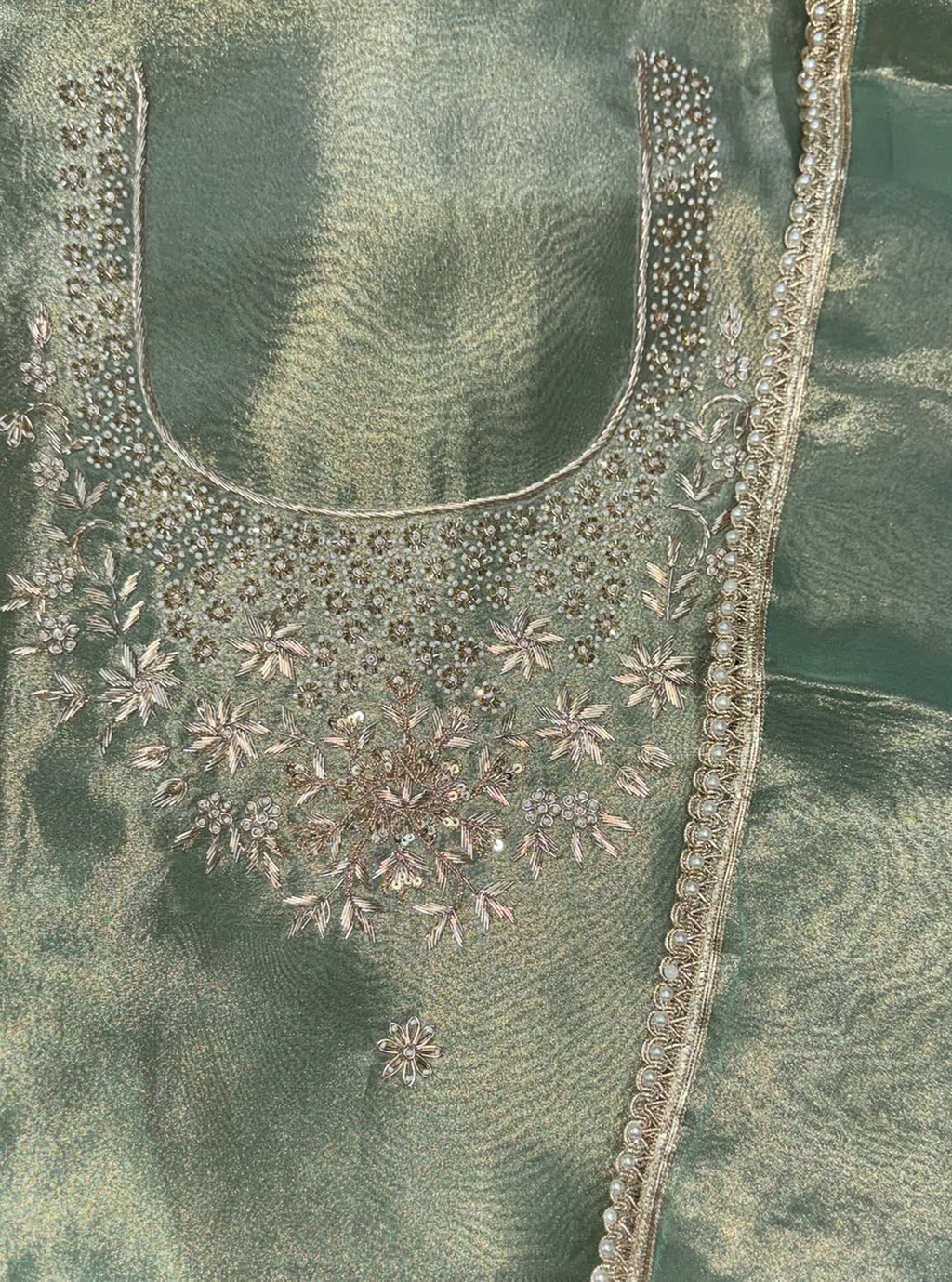 Green Tissue with zardozi, bead, and sequin hand embroidery work unstitched suit