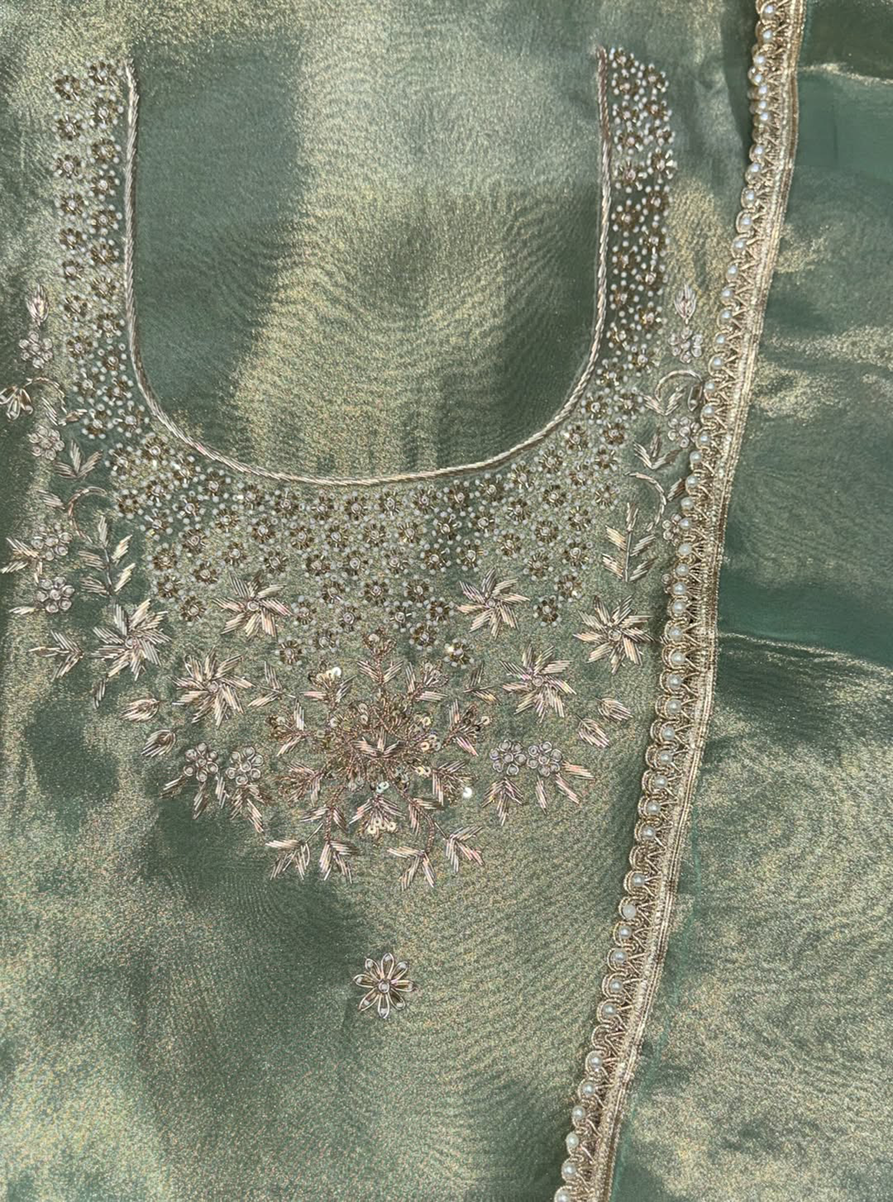 Green Tissue with zardozi, bead, and sequin hand embroidery work unstitched suit