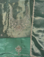 Green Tissue with zardozi, bead, and sequin hand embroidery work unstitched suit
