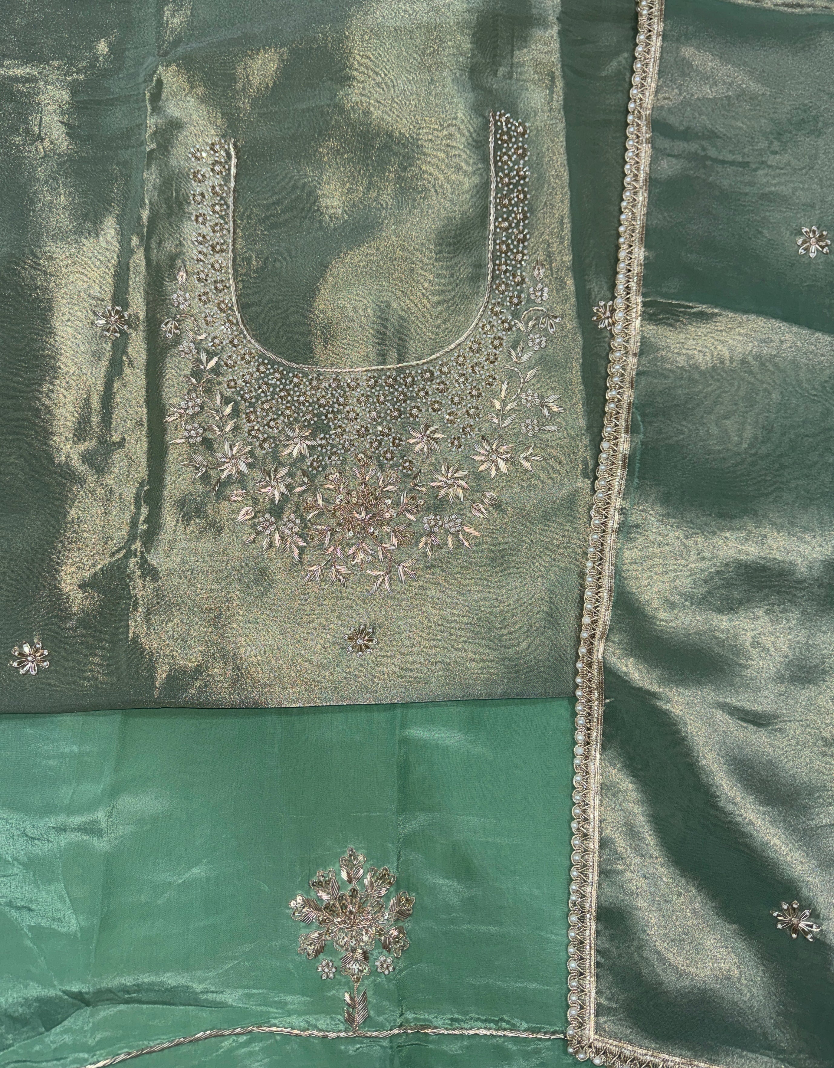 Green Tissue with zardozi, bead, and sequin hand embroidery work unstitched suit