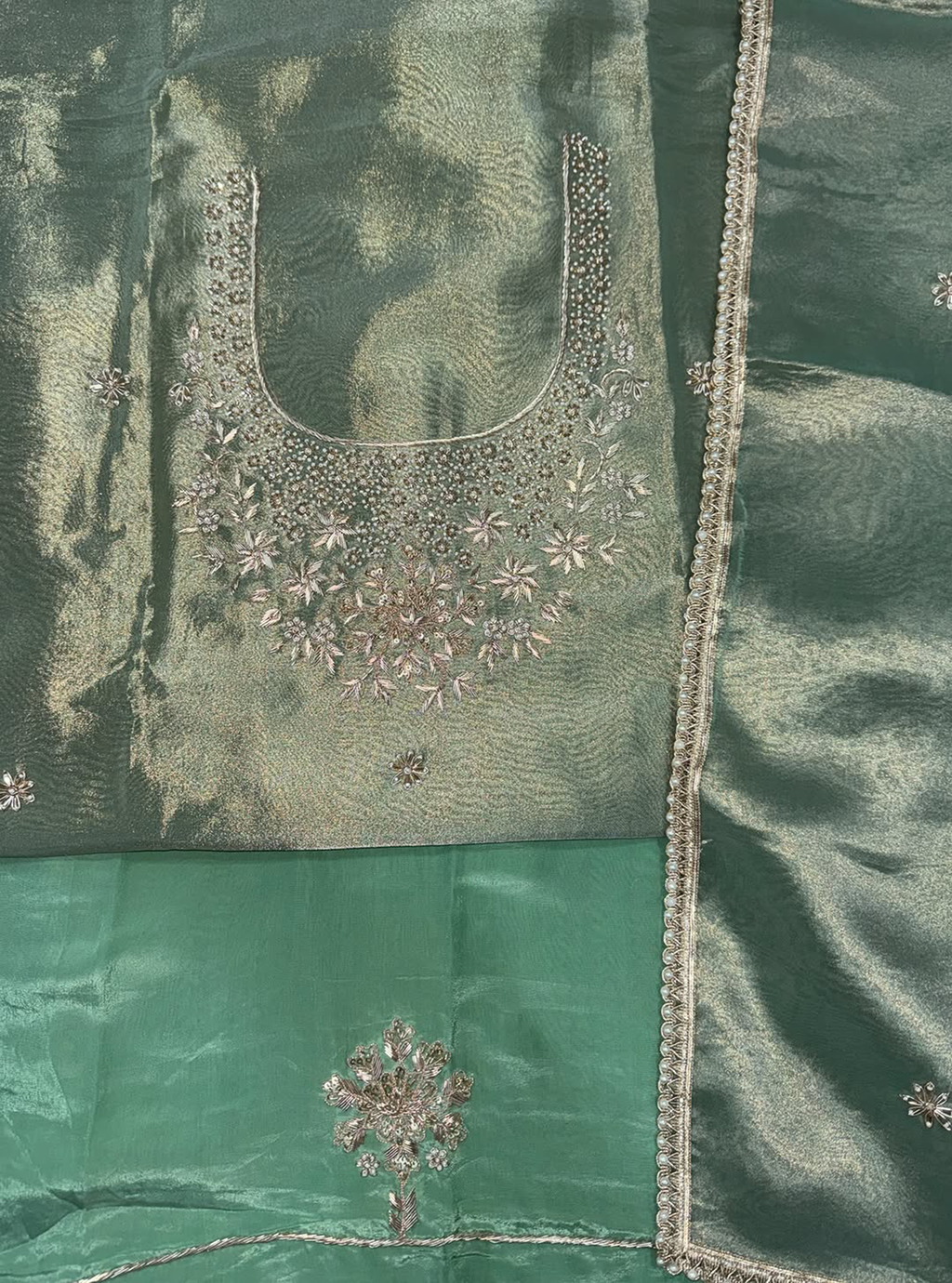 Green Tissue with zardozi, bead, and sequin hand embroidery work unstitched suit