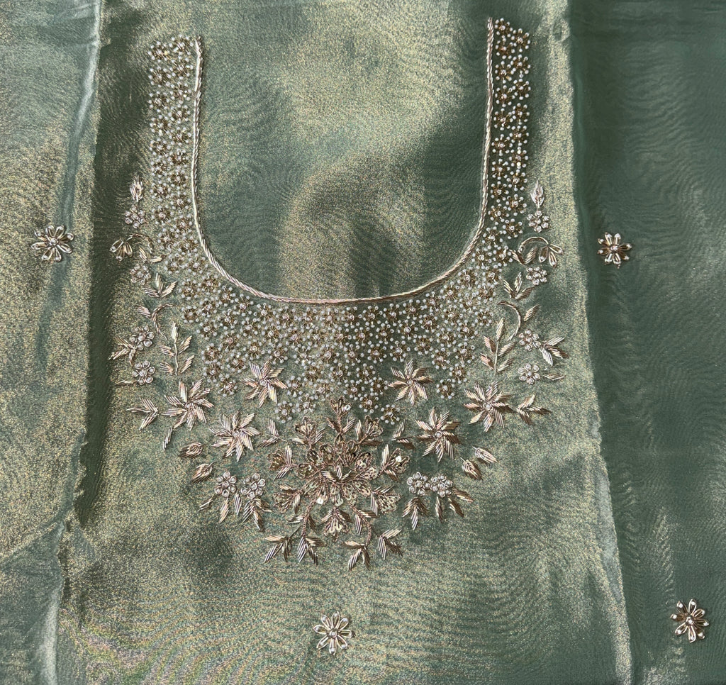 Green Tissue with zardozi, bead, and sequin hand embroidery work unstitched suit