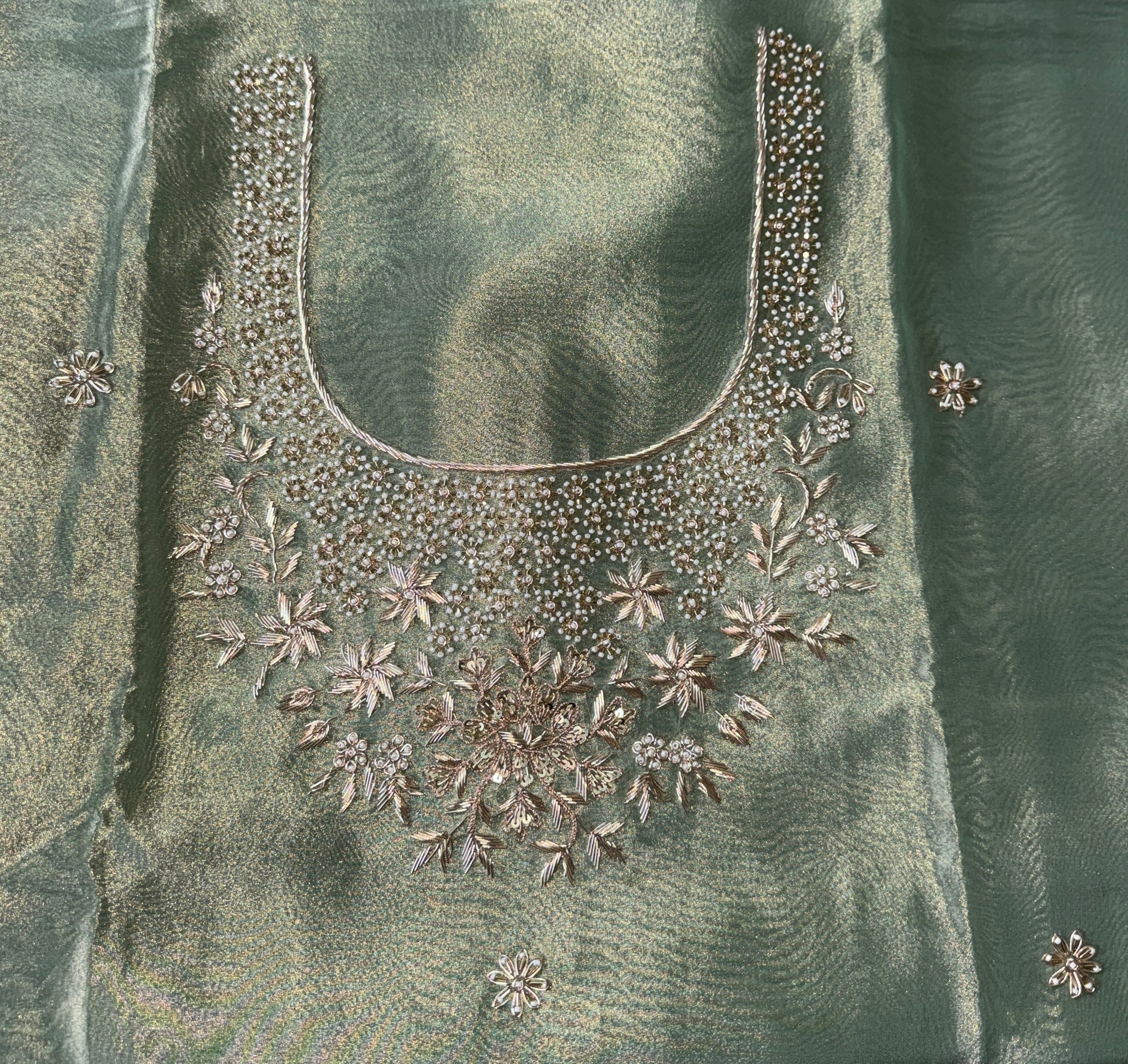 Green Tissue with zardozi, bead, and sequin hand embroidery work unstitched suit