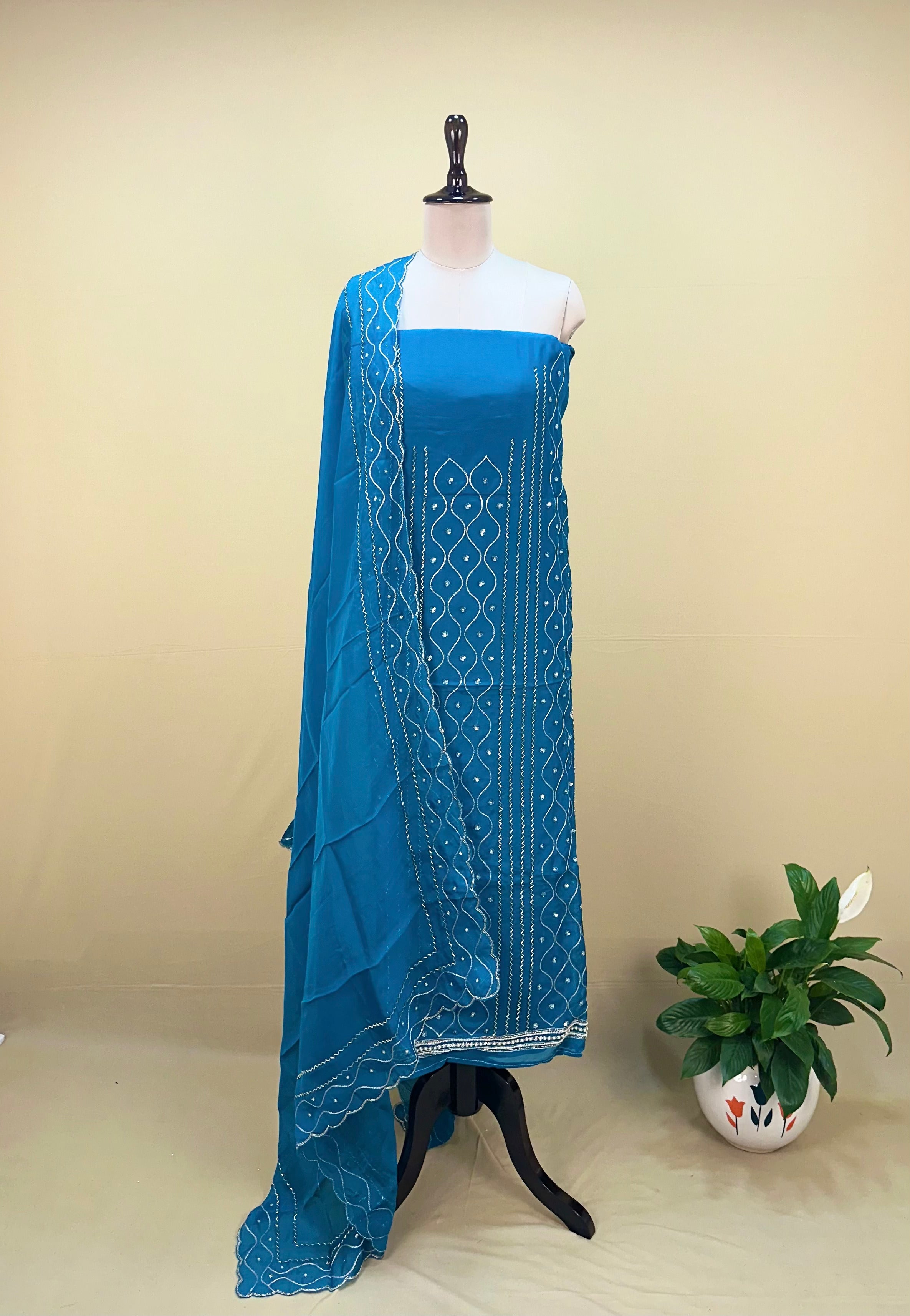 Firozi Color Organza with Sequin Wave Floral Applique Pearl, Cutdana and Handwork Unstitched Suit - Kalamusk GPA154