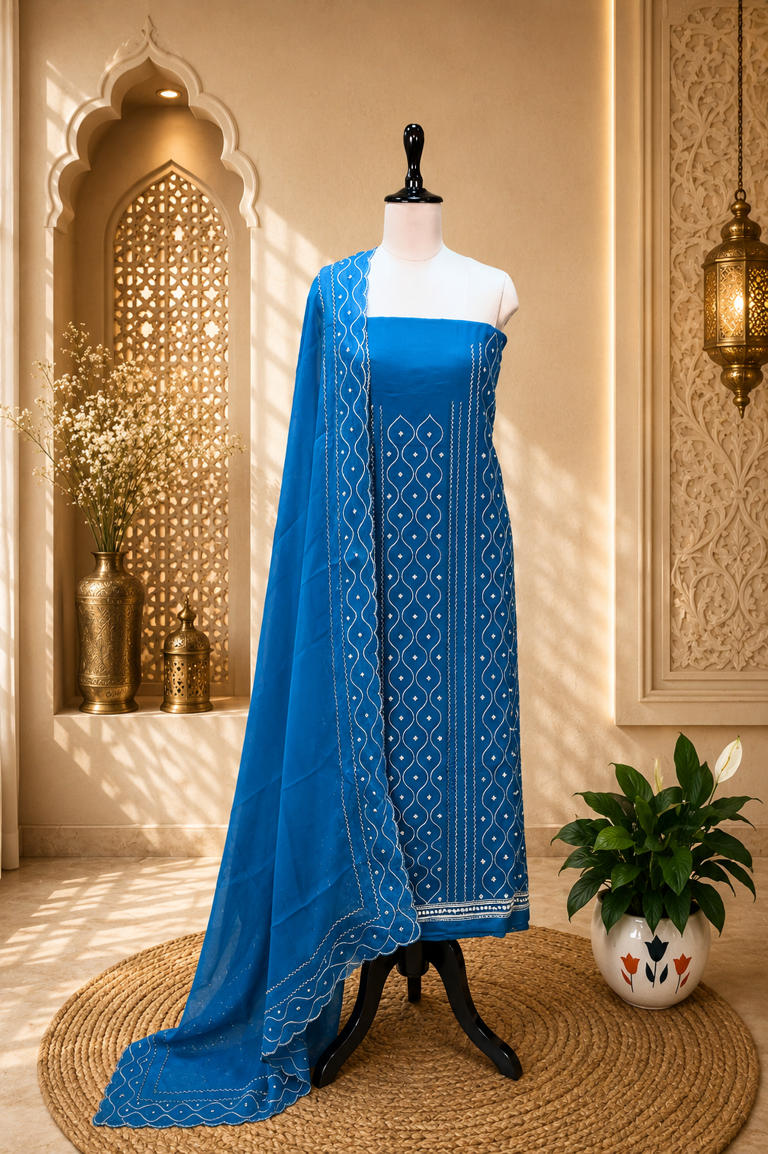 Firozi Color Organza with Sequin Wave Floral Applique Pearl, Cutdana and Handwork Unstitched Suit