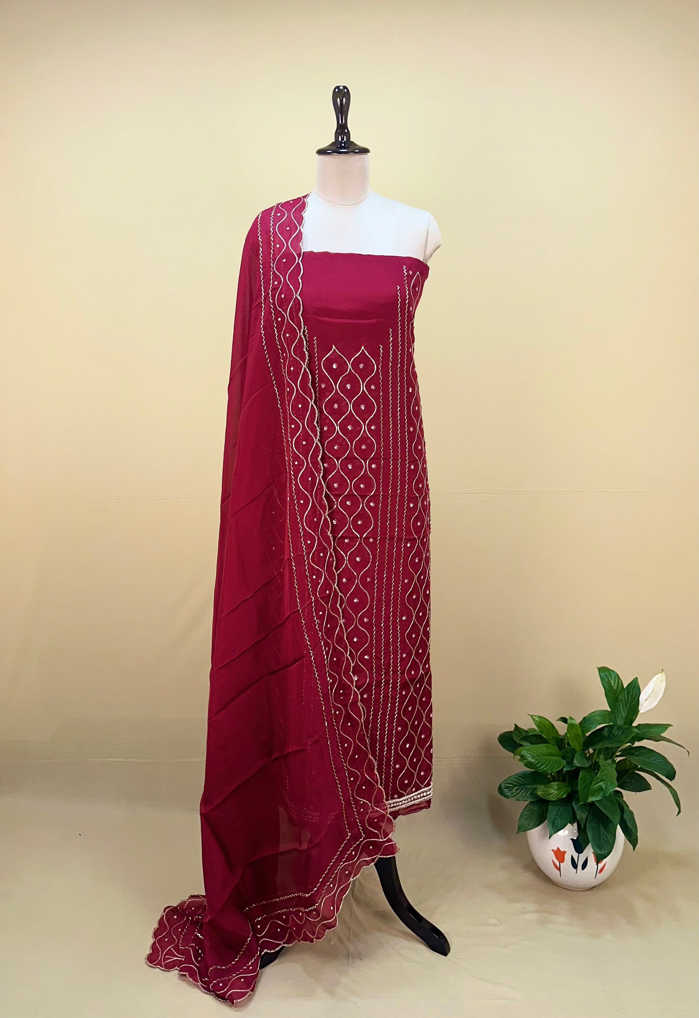 Maroon Color Organza with Sequin Wave Floral Applique Pearl, Cutdana and Handwork Unstitched Suit - Kalamusk GPA155