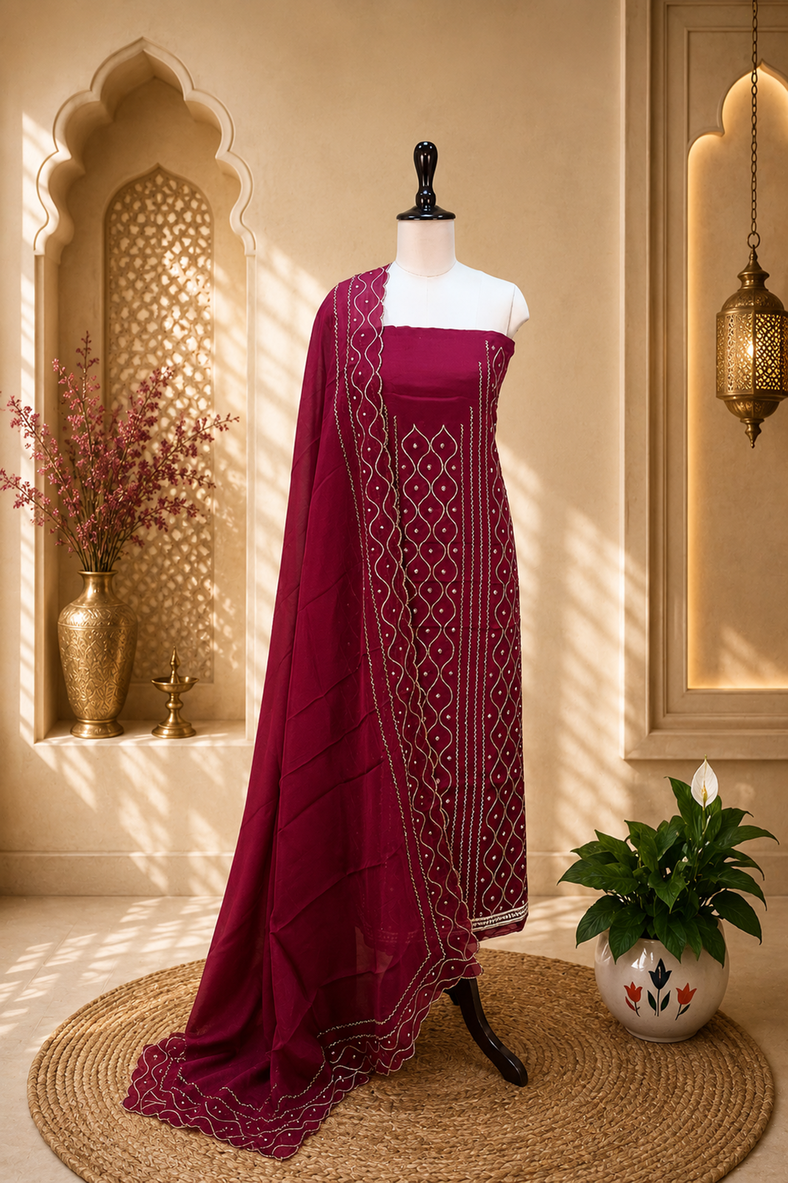 Maroon Color Organza with Sequin Wave Floral Applique Pearl, Cutdana and Handwork Unstitched Suit