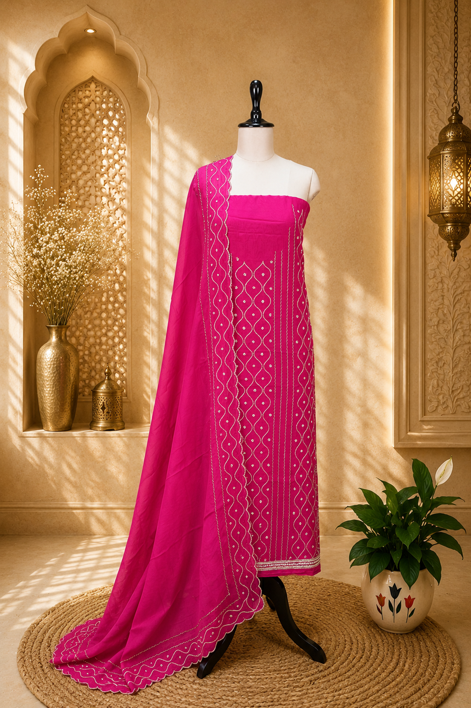 Hot Pink Color Organza with Sequin Wave Floral Applique Pearl, Cutdana and Handwork Unstitched Suit