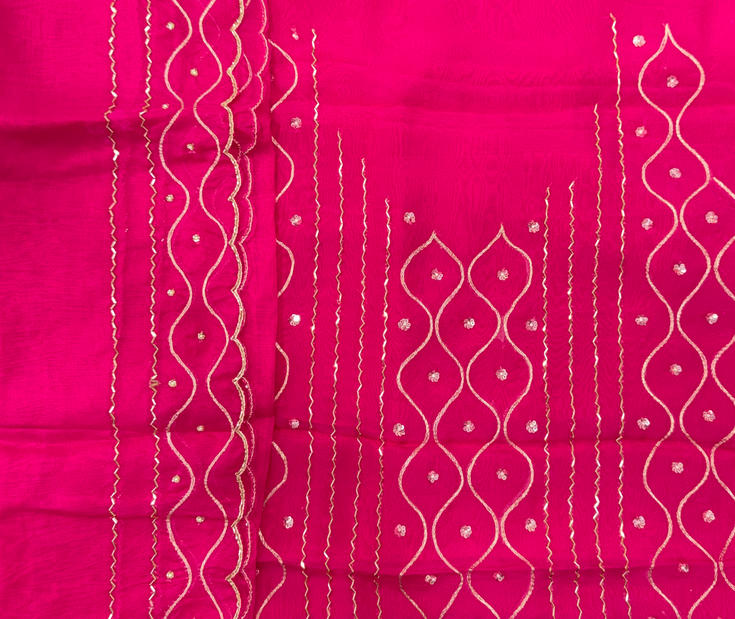 Hot Pink Color Organza with Sequin Wave Floral Applique Pearl, Cutdana and Handwork Unstitched Suit
