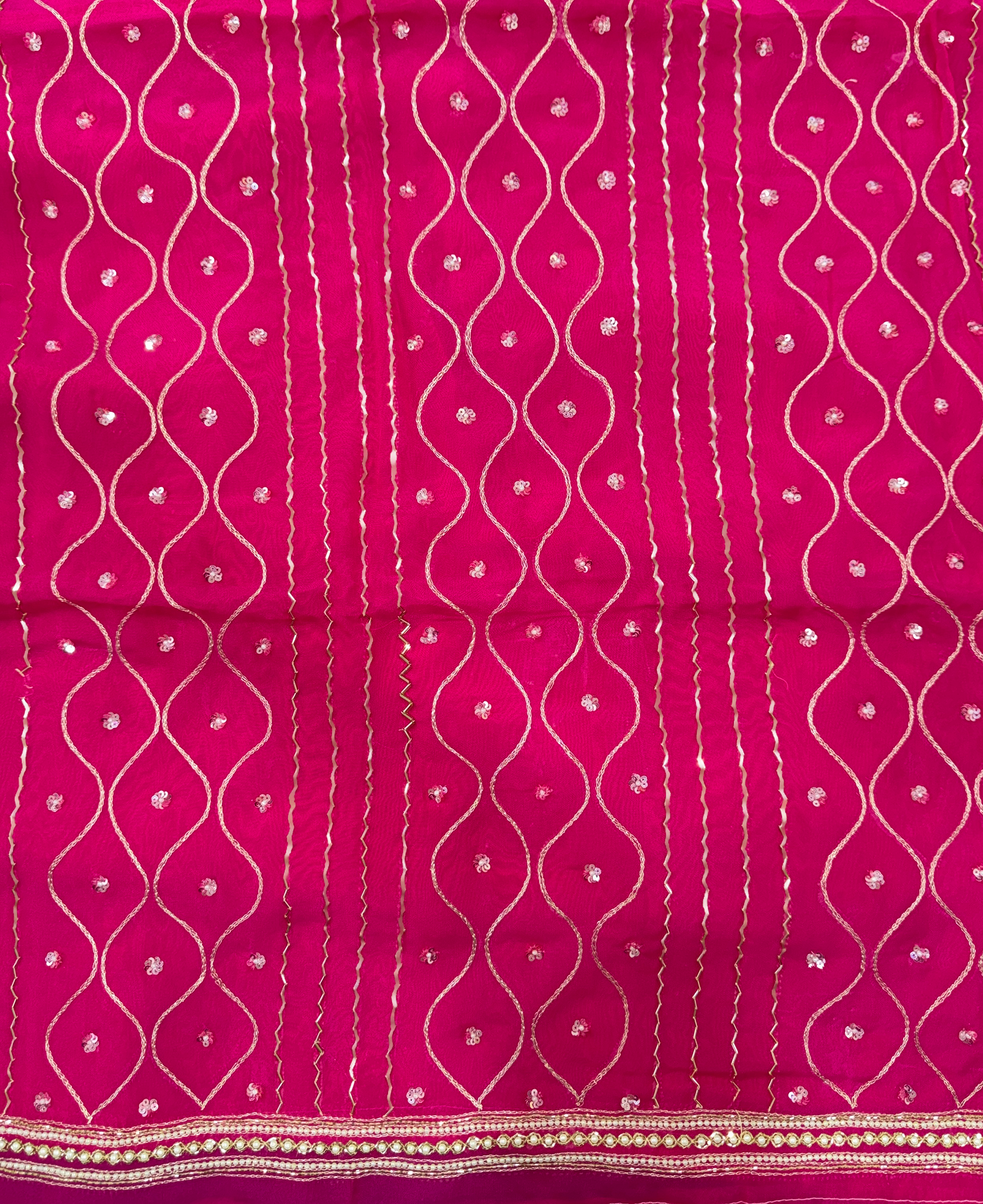 Hot Pink Color Organza with Sequin Wave Floral Applique Pearl, Cutdana and Handwork Unstitched Suit