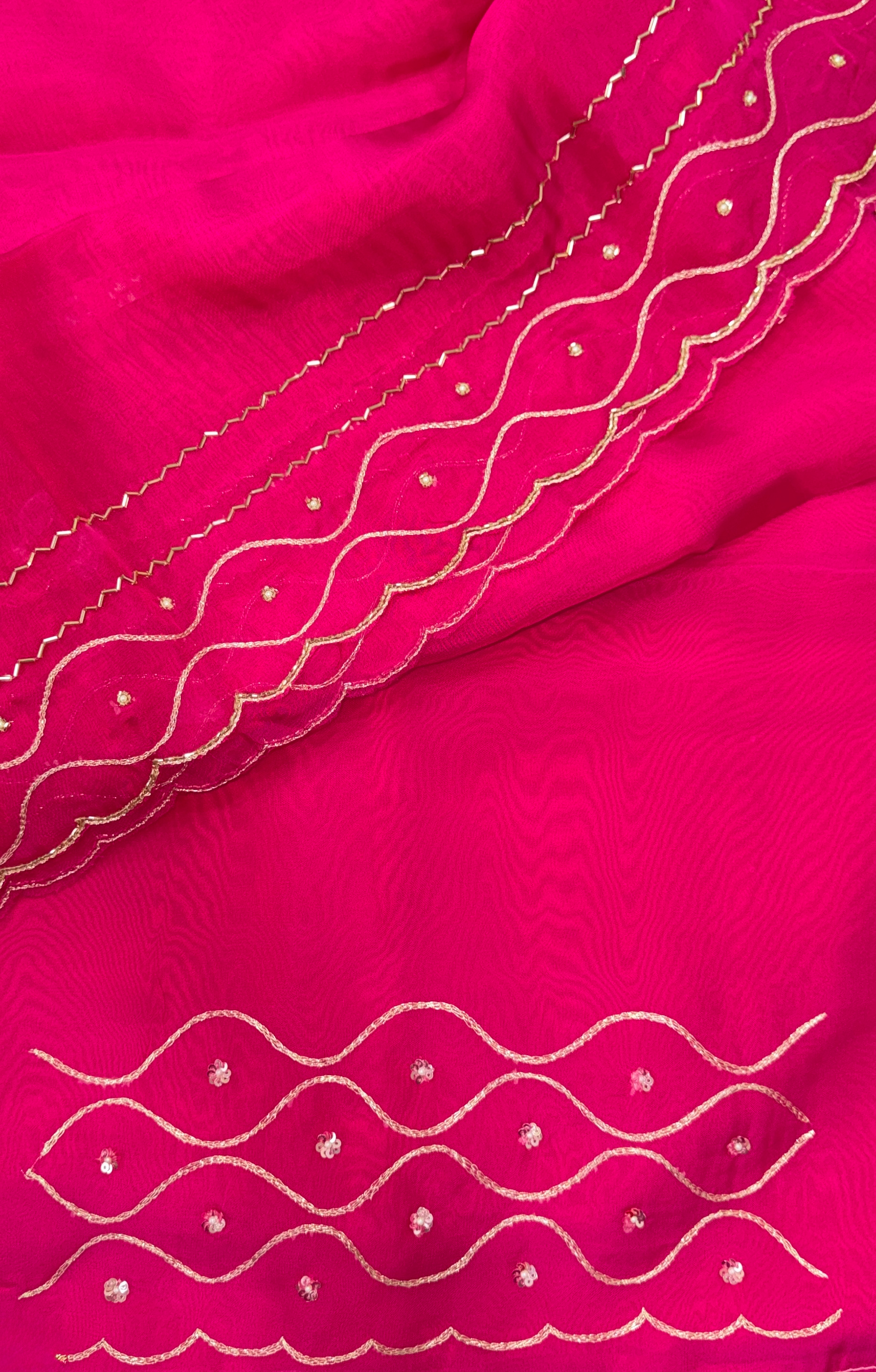 Hot Pink Color Organza with Sequin Wave Floral Applique Pearl, Cutdana and Handwork Unstitched Suit