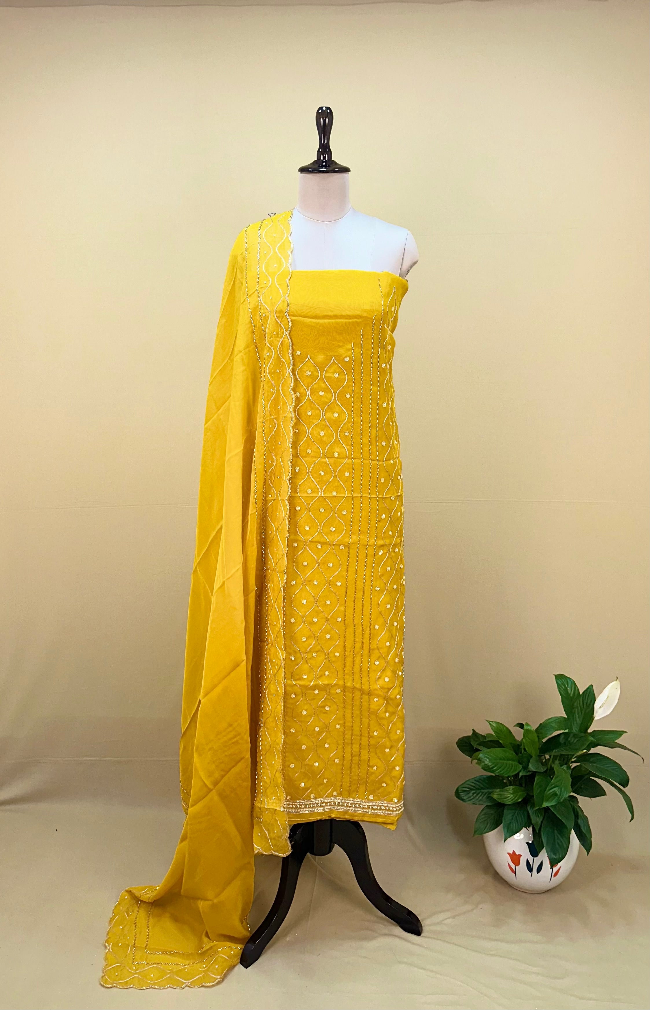 Yellow Color Organza with Sequin Wave Floral Applique Pearl, Cutdana and Handwork Unstitched Suit - Kalamusk GPA157