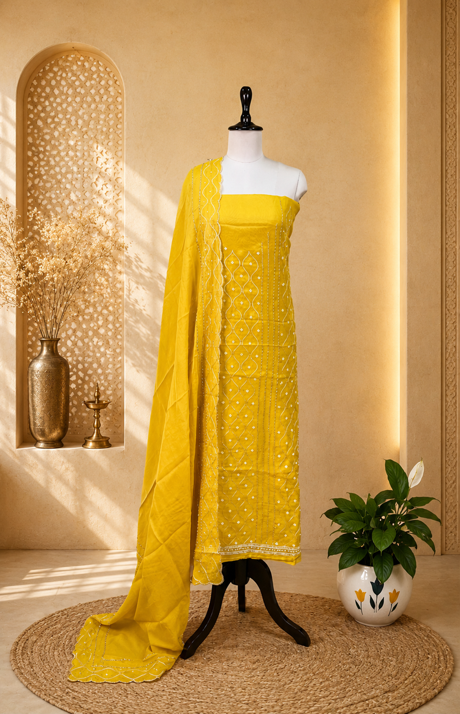 Yellow Color Organza with Sequin Wave Floral Applique Pearl, Cutdana and Handwork Unstitched Suit