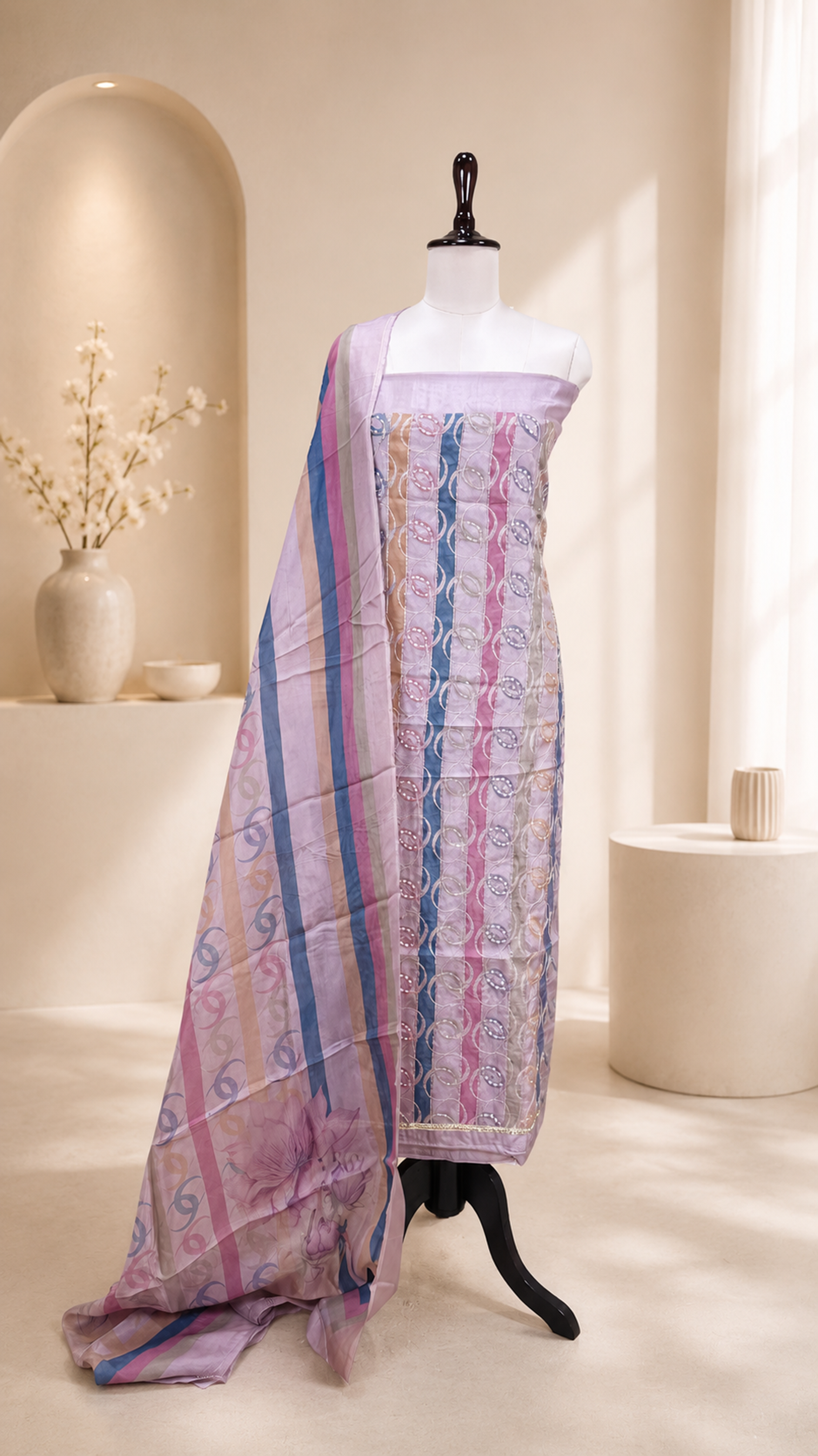 Purple Organza Digital Print with Overlapping Circle Motif with Zari Thread Work Unstitched Suit