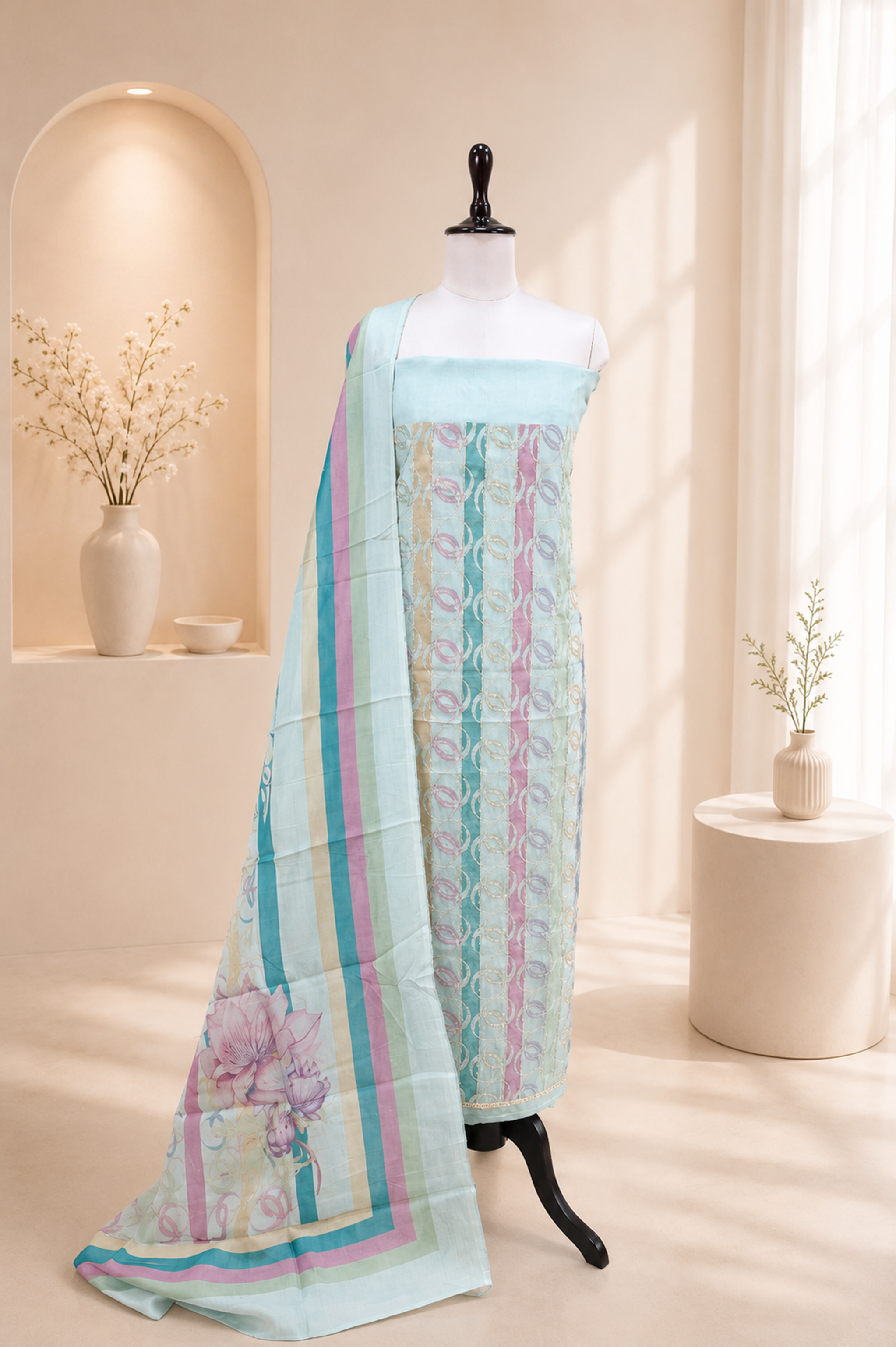 Pastel Green Organza Digital Print with Overlapping Circle Motif with Zari Thread Work Unstitched Suit