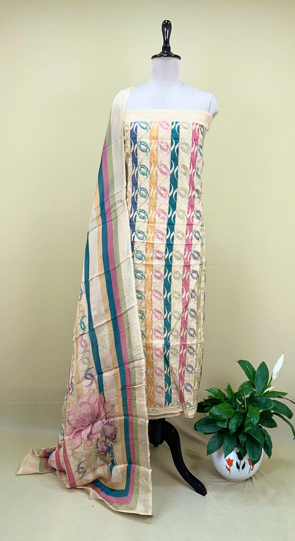 Beige Organza Digital Print with Overlapping Circle Motif with Zari Thread Work Unstitched Suit