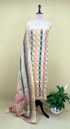 Beige Organza Digital Print with Overlapping Circle Motif with Zari Thread Work Unstitched Suit